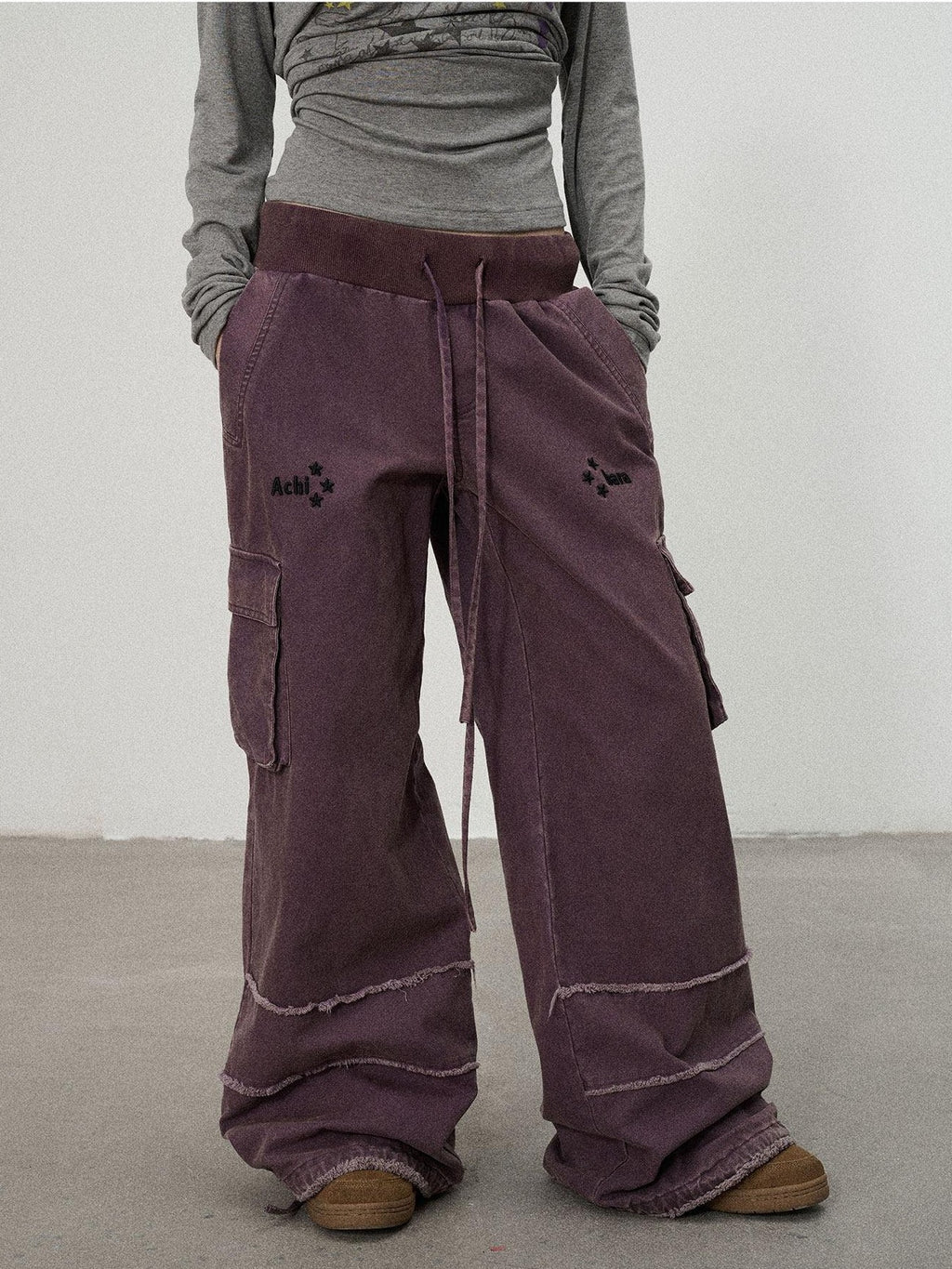 Achihara Faded Purple Star Print Cargo Women'S Cotton Mid Low Waist Wide-Leg Pants