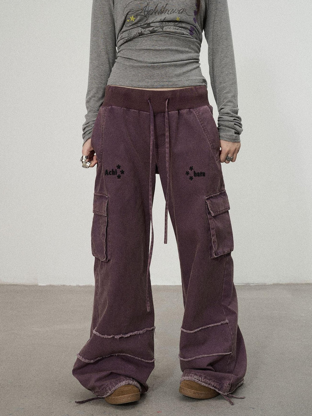Achihara Faded Purple Star Print Cargo Women'S Cotton Mid Low Waist Wide-Leg Pants