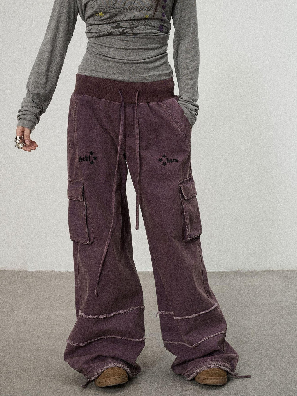Achihara Faded Purple Star Print Cargo Women'S Cotton Mid Low Waist Wide-Leg Pants