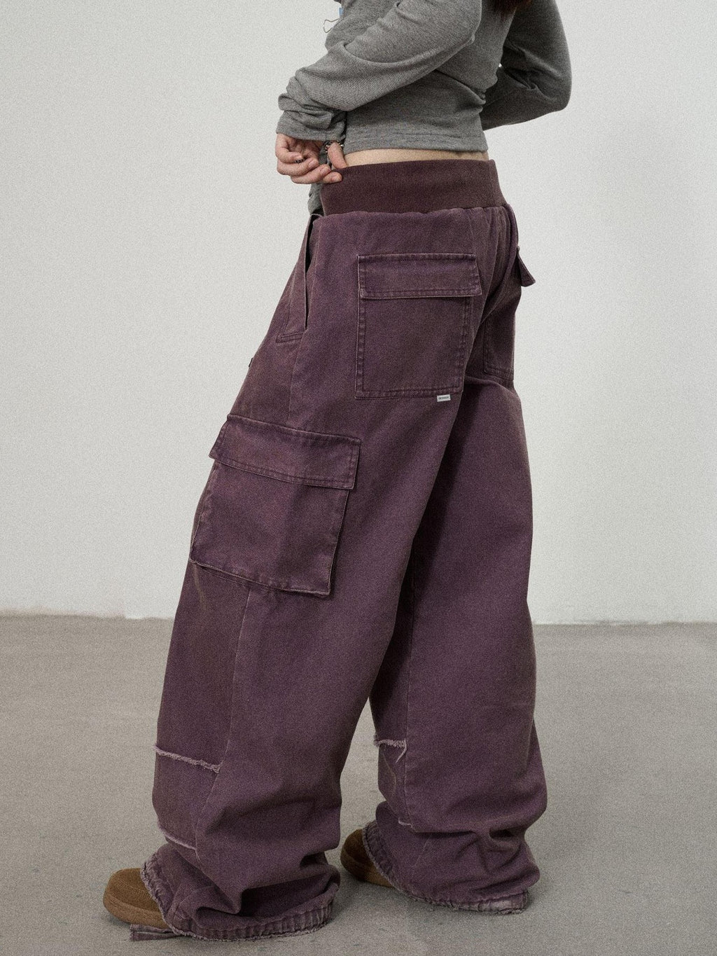 Achihara Faded Purple Star Print Cargo Women'S Cotton Mid Low Waist Wide-Leg Pants