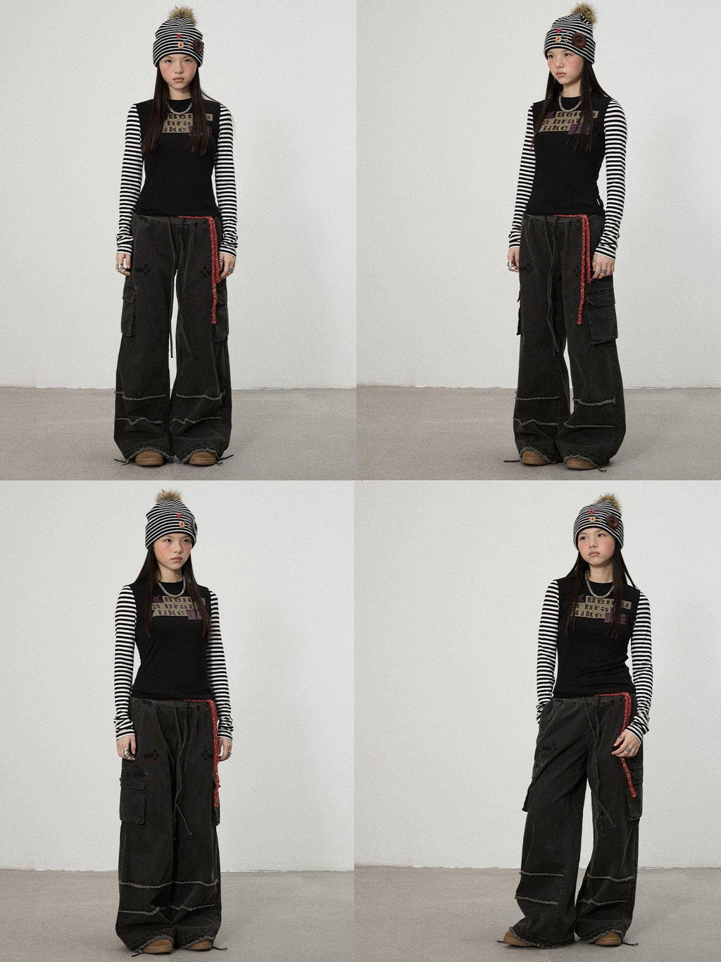 Achihara Faded Purple Star Print Cargo Women'S Cotton Mid Low Waist Wide-Leg Pants