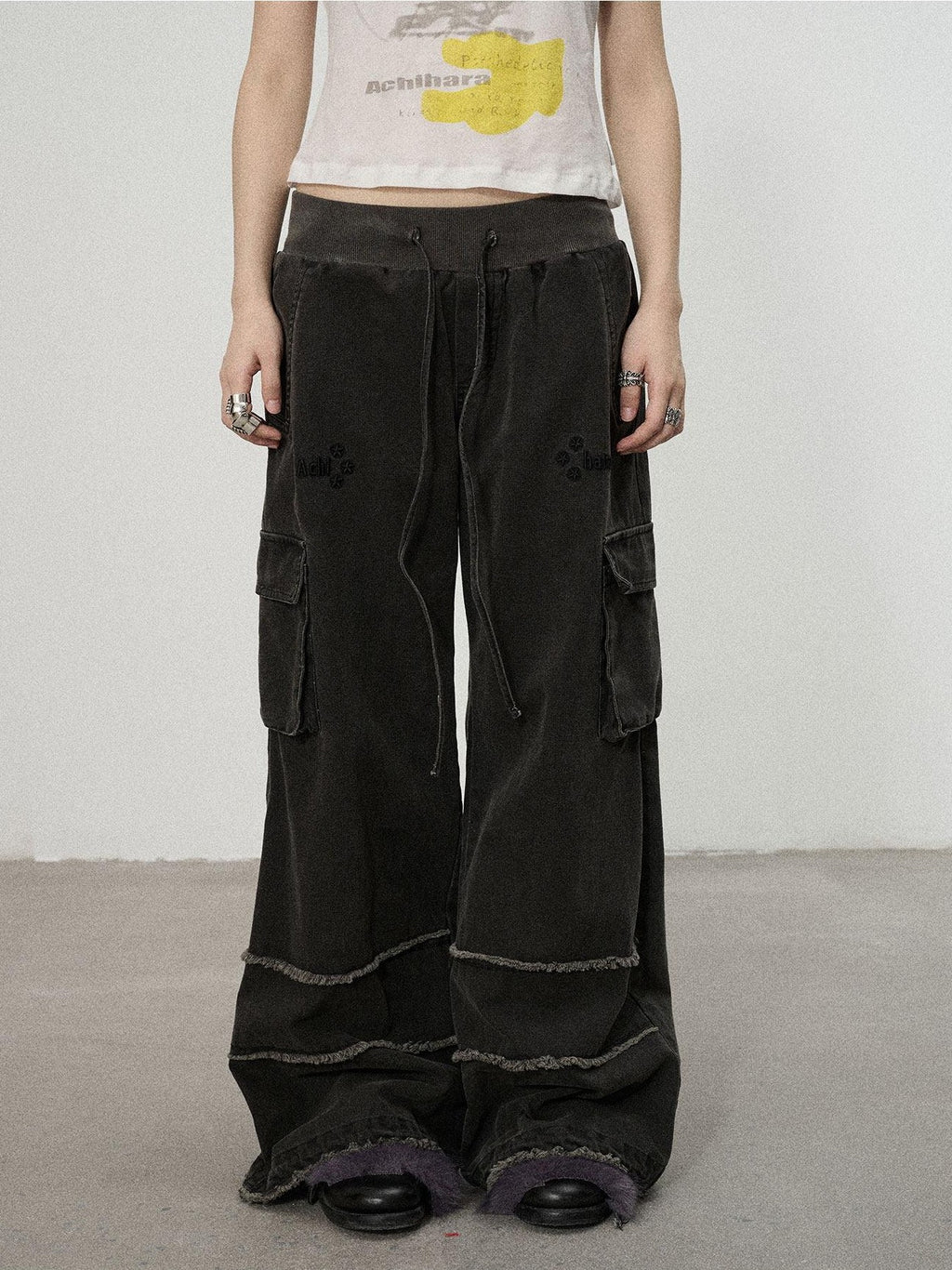 Achihara Faded Purple Star Print Cargo Women'S Cotton Mid Low Waist Wide-Leg Pants