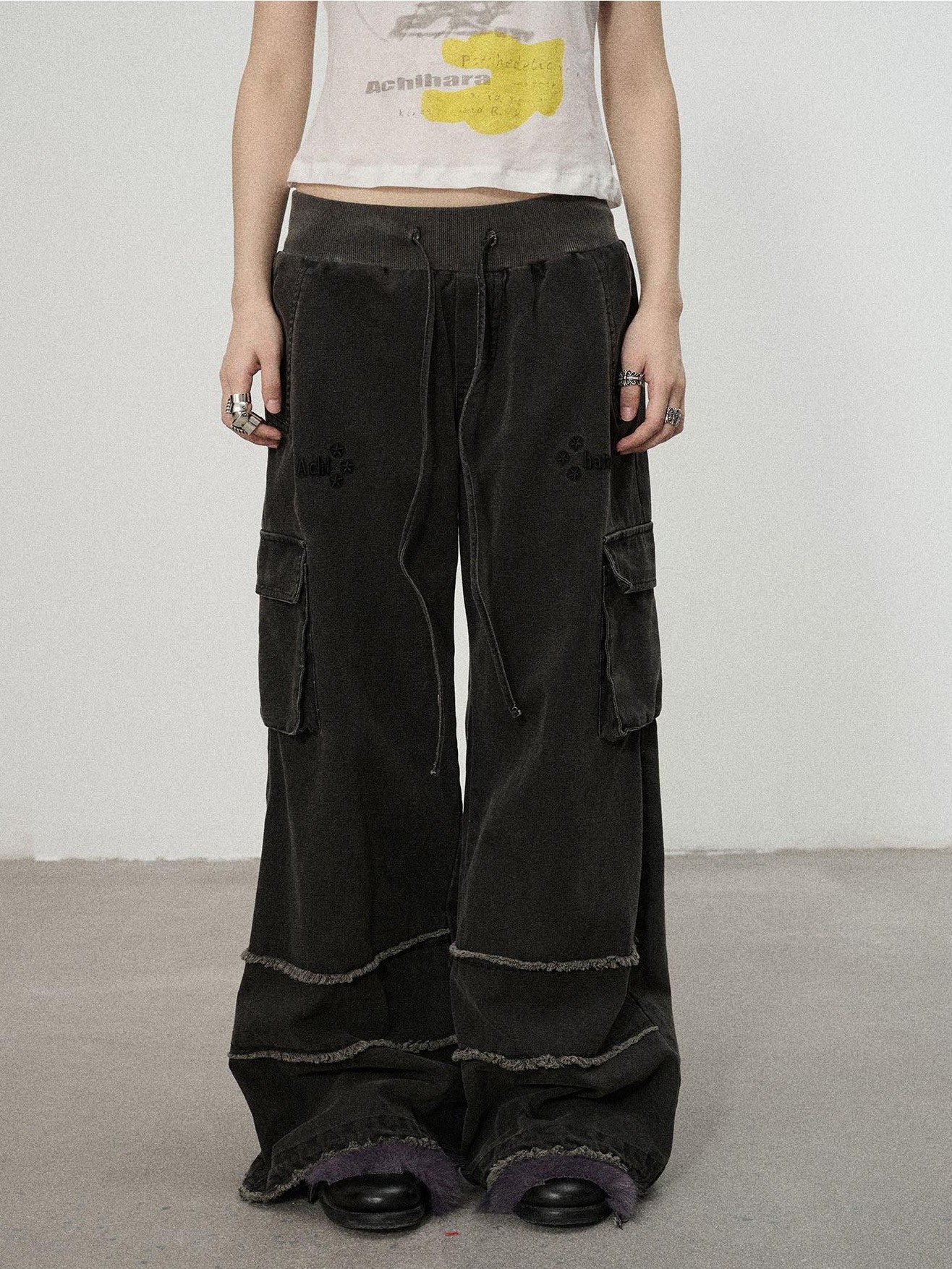 Achihara Faded Purple Star Print Cargo Women'S Cotton Mid Low Waist Wide-Leg Pants