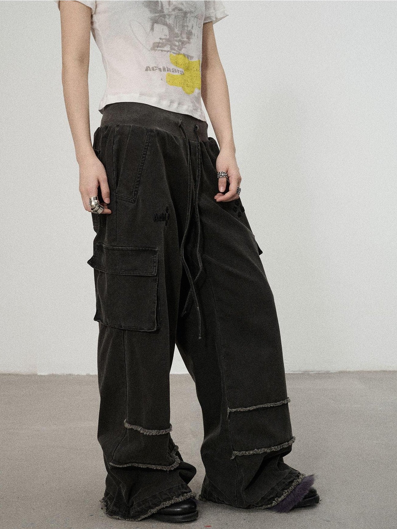 Achihara Faded Purple Star Print Cargo Women'S Cotton Mid Low Waist Wide-Leg Pants