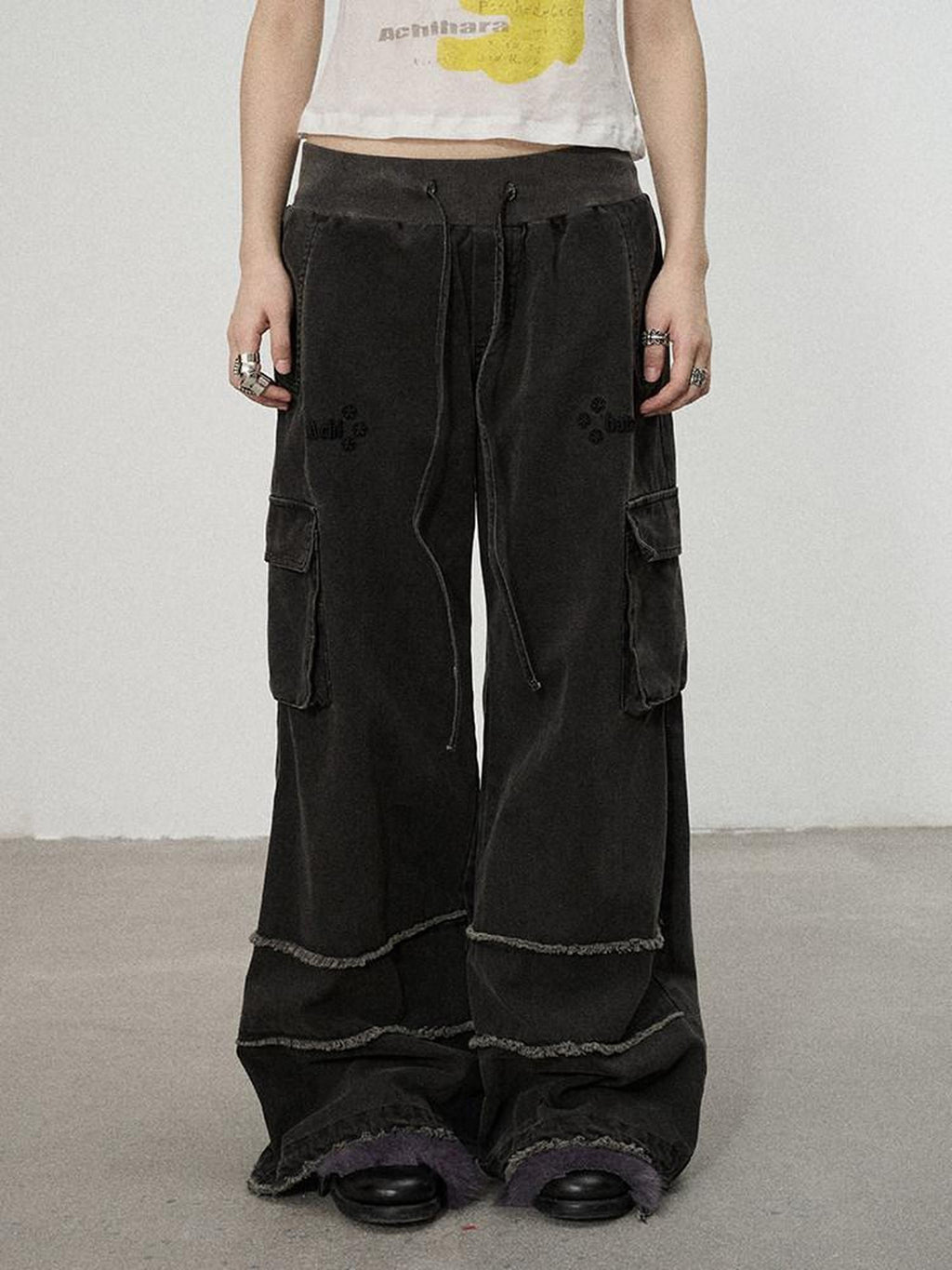 Achihara Faded Purple Star Print Cargo Women'S Cotton Mid Low Waist Wide-Leg Pants