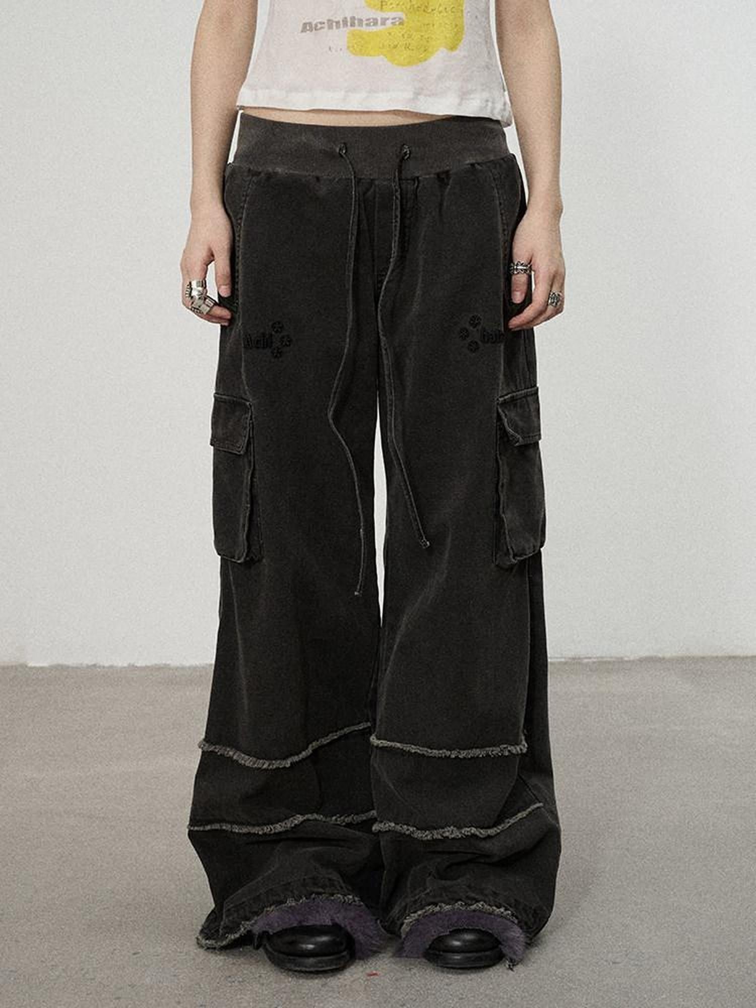 Achihara Faded Purple Star Print Cargo Women'S Cotton Mid Low Waist Wide-Leg Pants