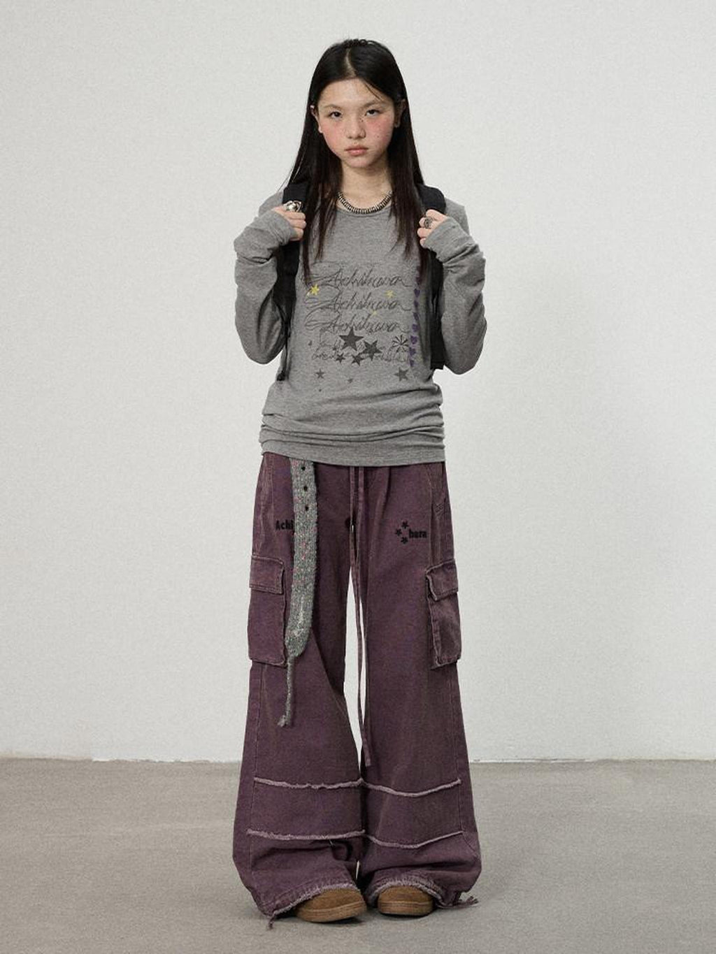 Achihara Faded Purple Star Print Cargo Women'S Cotton Mid Low Waist Wide-Leg Pants
