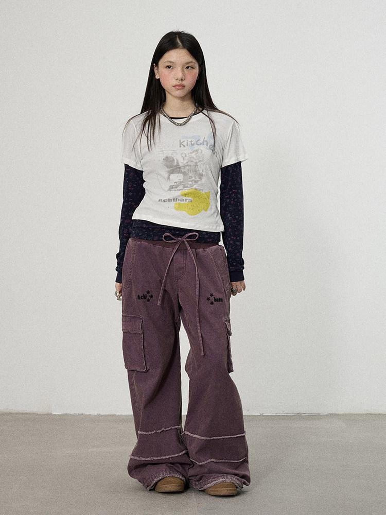 Achihara Faded Purple Star Print Cargo Women'S Cotton Mid Low Waist Wide-Leg Pants