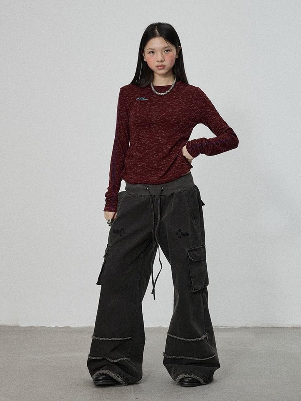 Achihara Faded Purple Star Print Cargo Women'S Cotton Mid Low Waist Wide-Leg Pants
