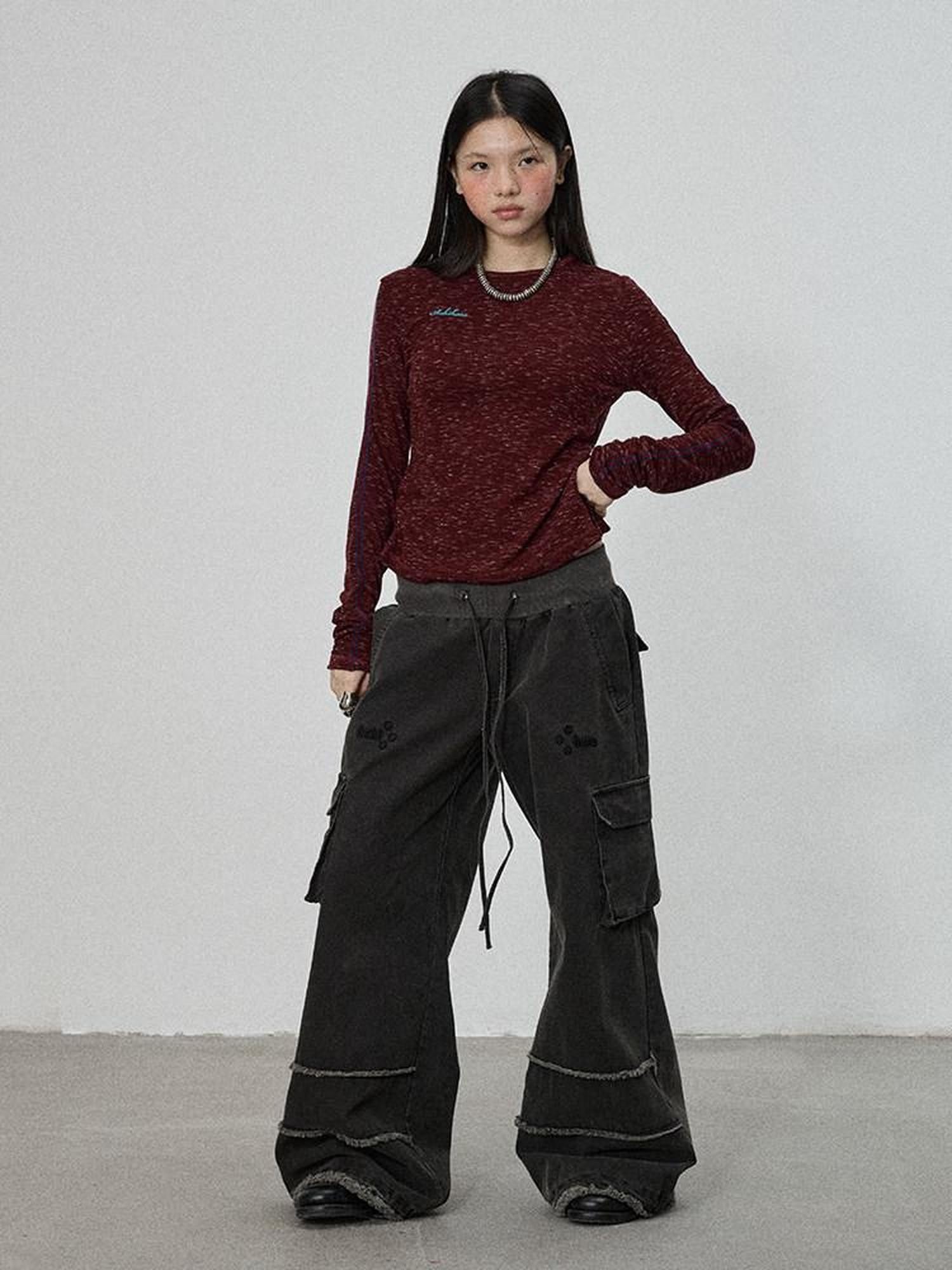 Achihara Faded Purple Star Print Cargo Women'S Cotton Mid Low Waist Wide-Leg Pants