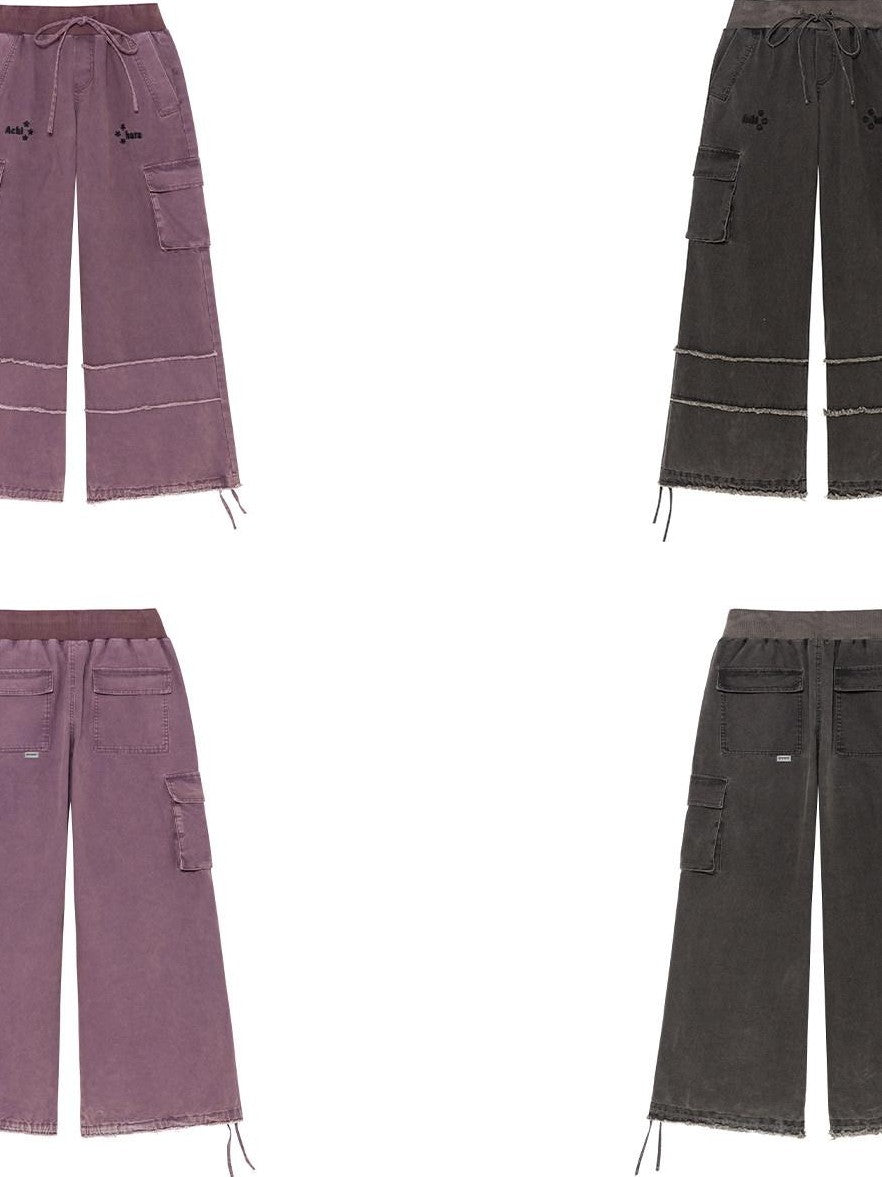 Achihara Faded Purple Star Print Cargo Women'S Cotton Mid Low Waist Wide-Leg Pants
