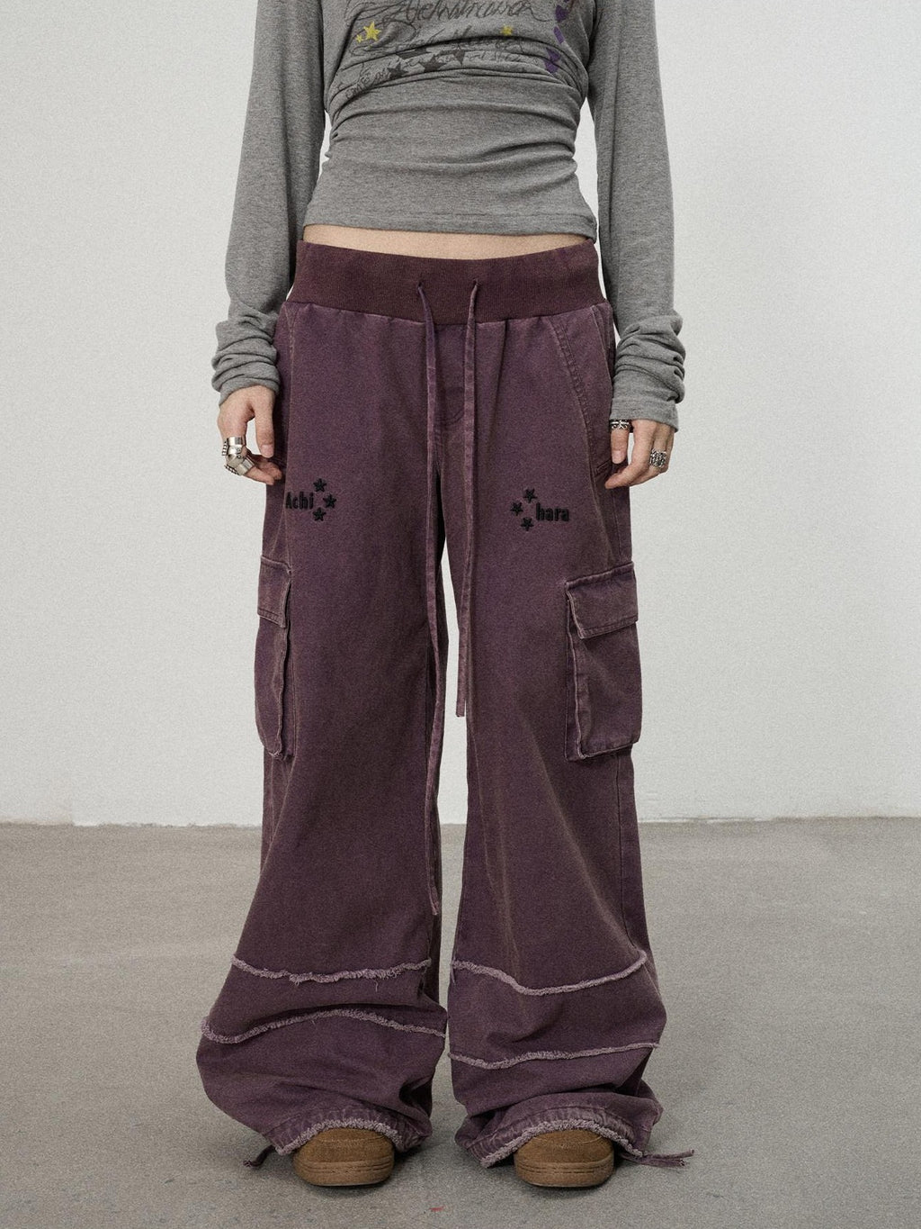Achihara Faded Purple Star Print Cargo Women'S Cotton Mid Low Waist Wide-Leg Pants