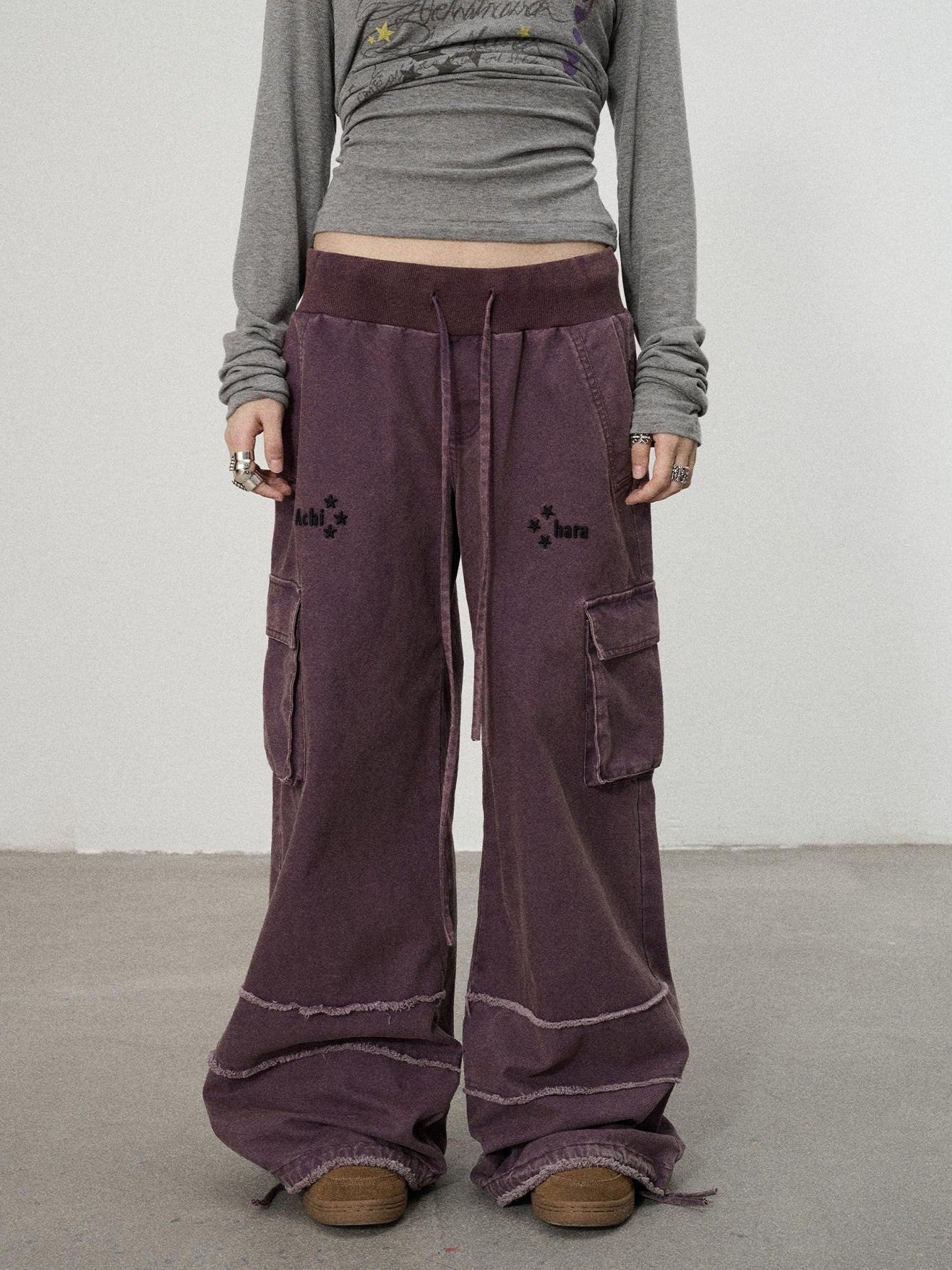 Achihara Faded Purple Star Print Cargo Women'S Cotton Mid Low Waist Wide-Leg Pants