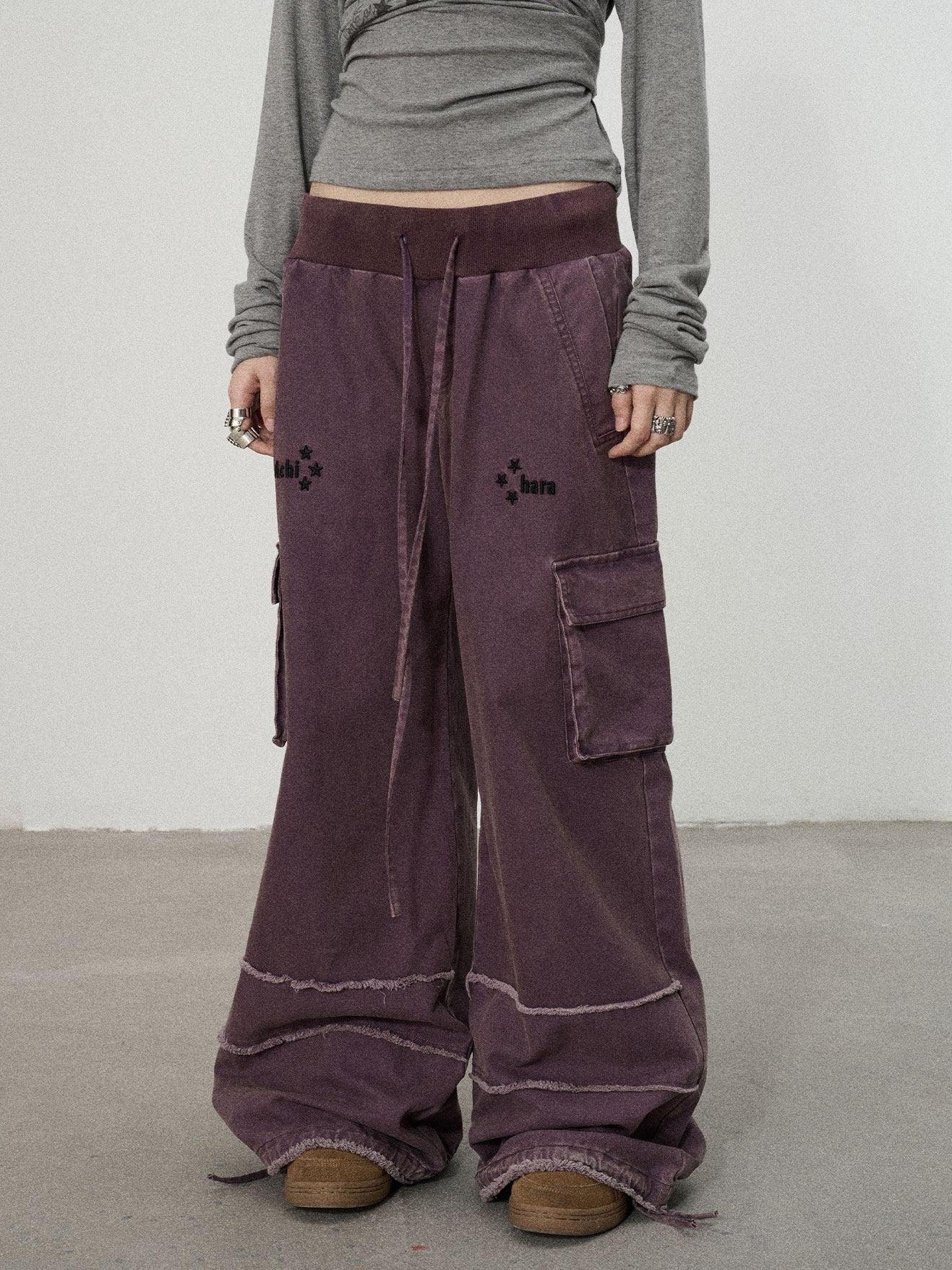 Achihara Faded Purple Star Print Cargo Women'S Cotton Mid Low Waist Wide-Leg Pants
