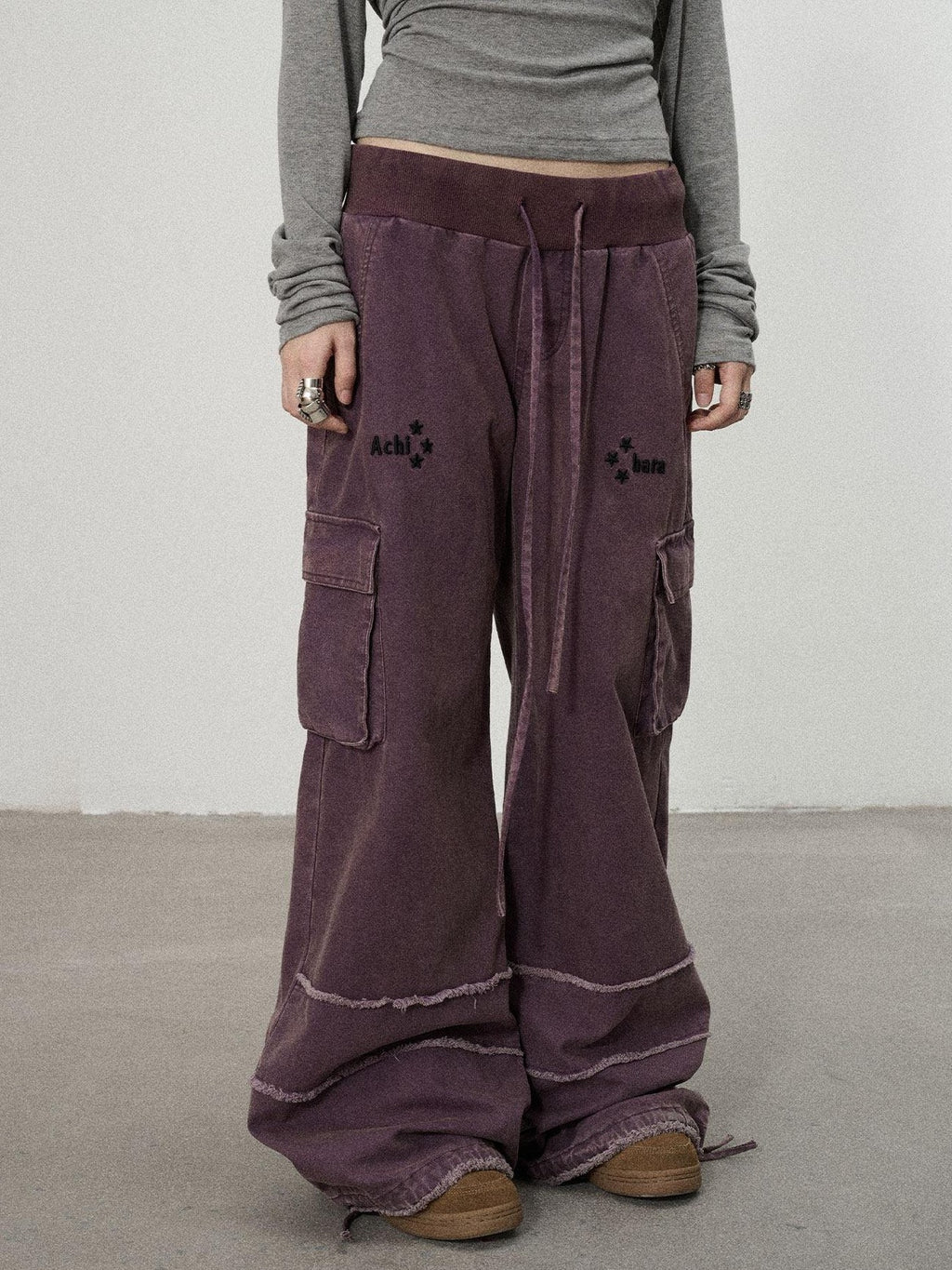 Achihara Faded Purple Star Print Cargo Women'S Cotton Mid Low Waist Wide-Leg Pants