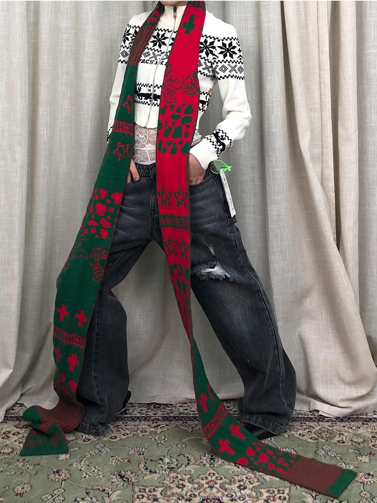 Achihara Festive Colorblock Vintage Christmas Women'S Viscose Blend Scarves & Shawls