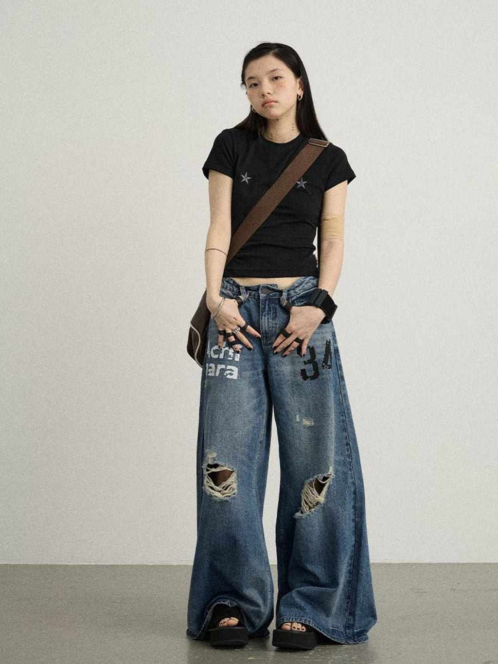 Achihara Floor Length Distressed Ripped High Waist Zipper Women'S Denim Wide-Leg Jeans