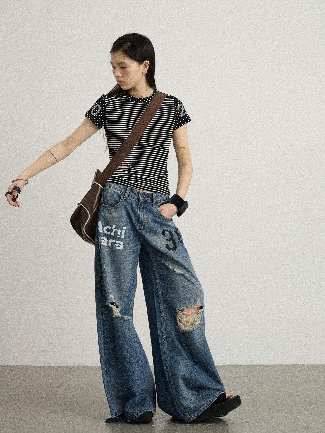 Achihara Floor Length Distressed Ripped High Waist Zipper Women'S Denim Wide-Leg Jeans