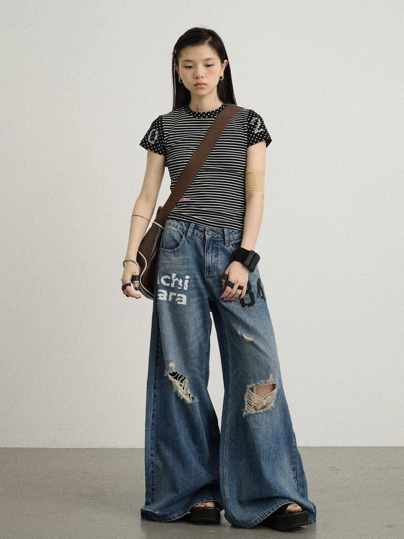 Achihara Floor Length Distressed Ripped High Waist Zipper Women'S Denim Wide-Leg Jeans