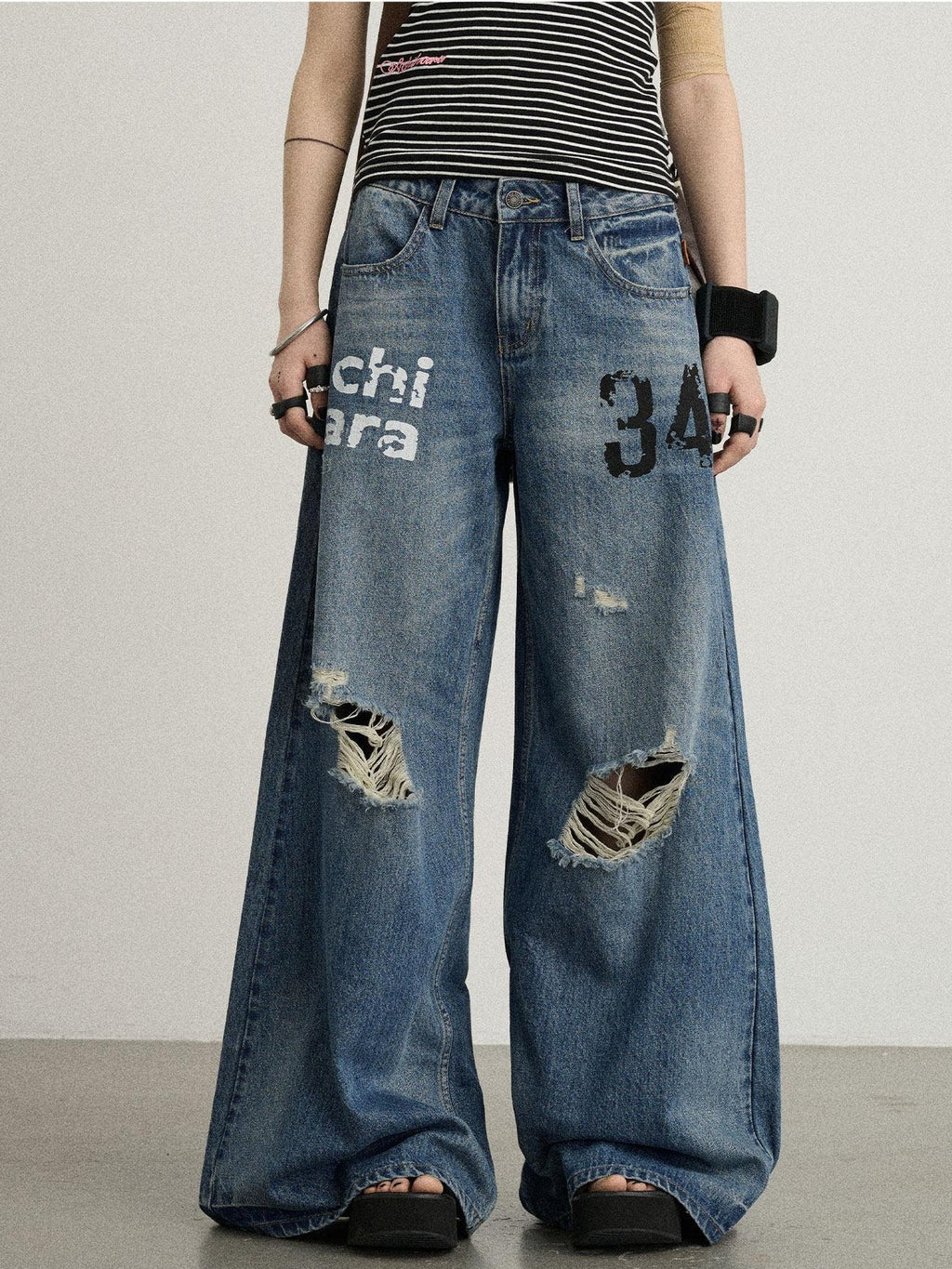 Achihara Floor Length Distressed Ripped High Waist Zipper Women'S Denim Wide-Leg Jeans