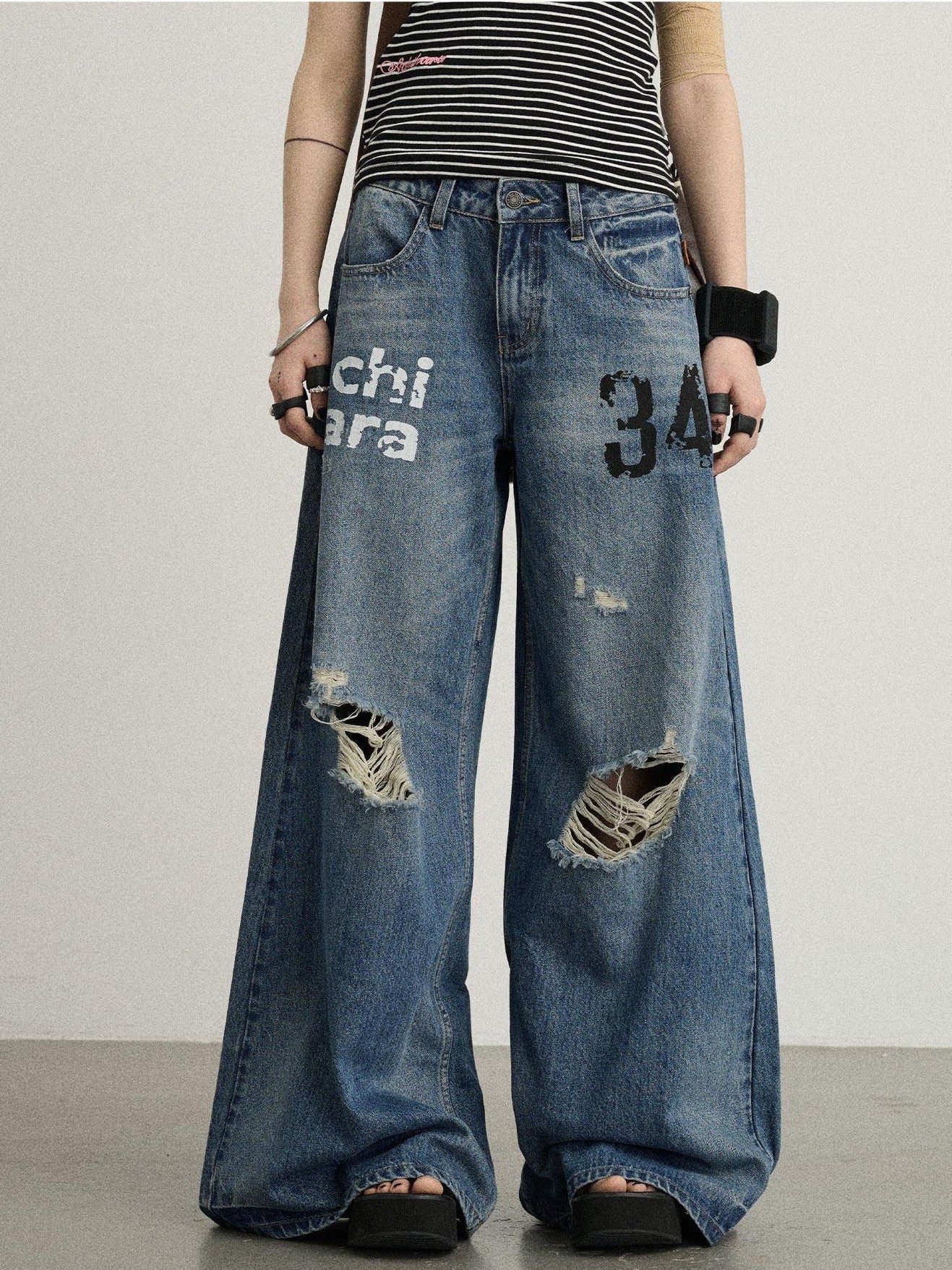 Achihara Floor Length Distressed Ripped High Waist Zipper Women'S Denim Wide-Leg Jeans