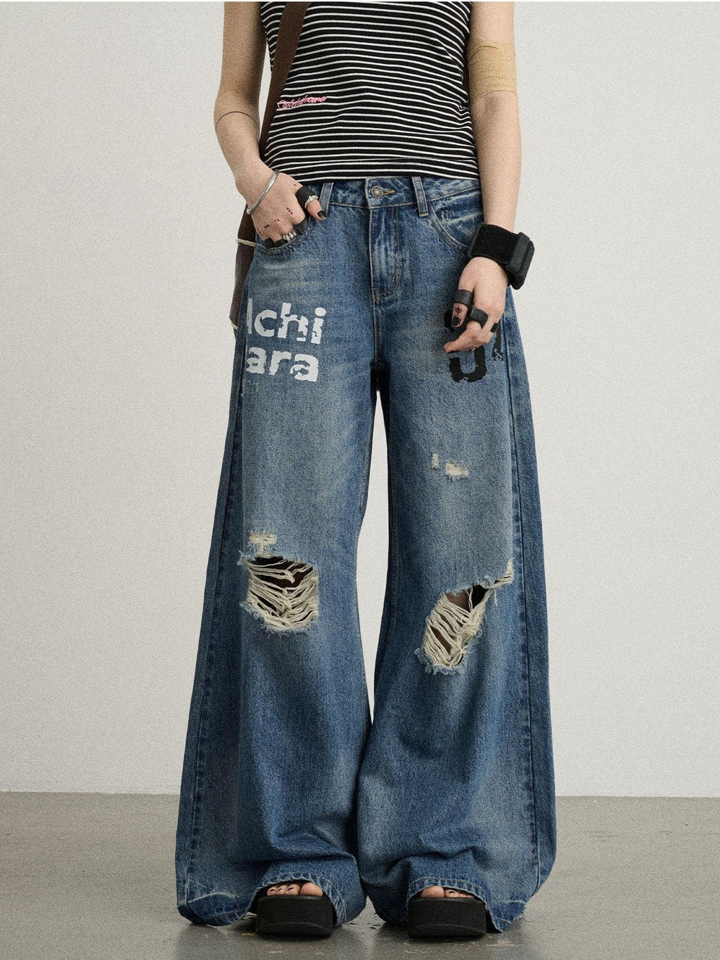 Achihara Floor Length Distressed Ripped High Waist Zipper Women'S Denim Wide-Leg Jeans