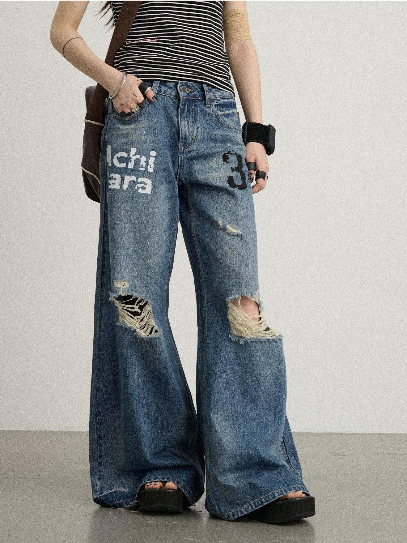 Achihara Floor Length Distressed Ripped High Waist Zipper Women'S Denim Wide-Leg Jeans