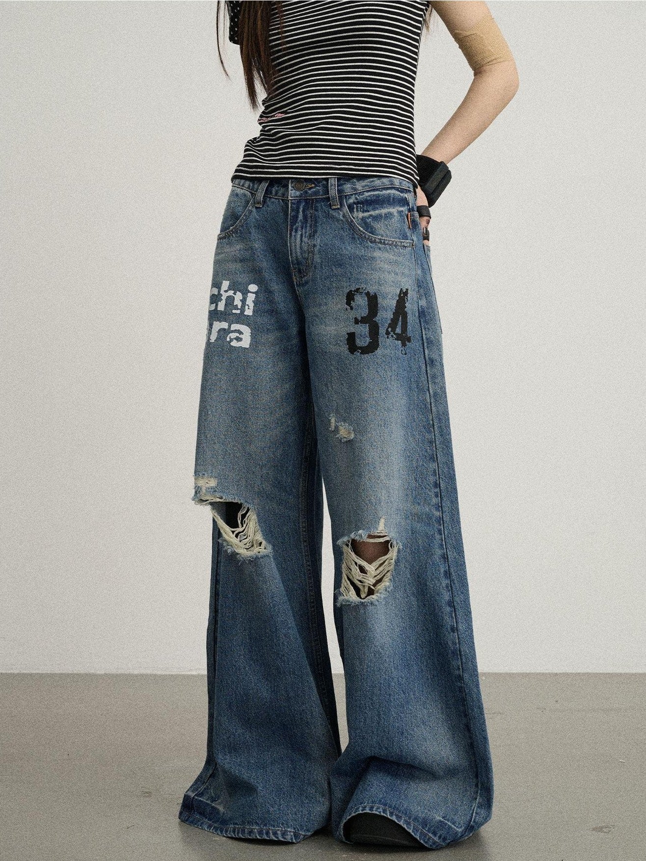 Achihara Floor Length Distressed Ripped High Waist Zipper Women'S Denim Wide-Leg Jeans