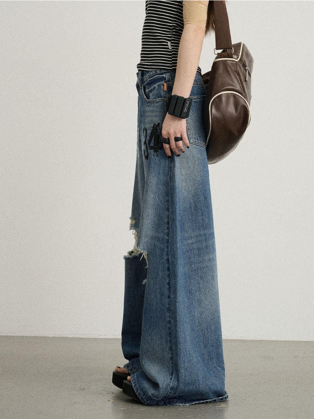 Achihara Floor Length Distressed Ripped High Waist Zipper Women'S Denim Wide-Leg Jeans