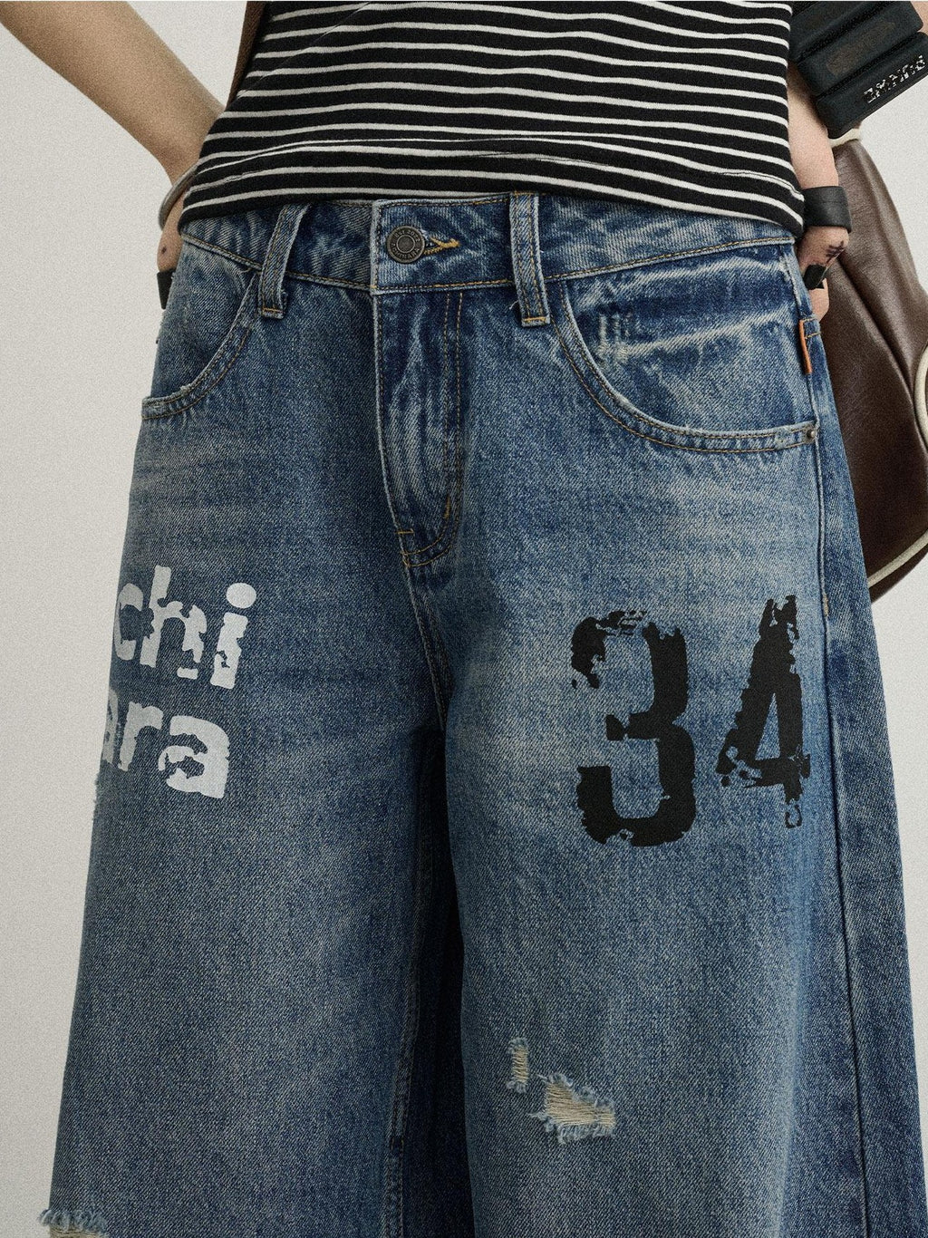 Achihara Floor Length Distressed Ripped High Waist Zipper Women'S Denim Wide-Leg Jeans
