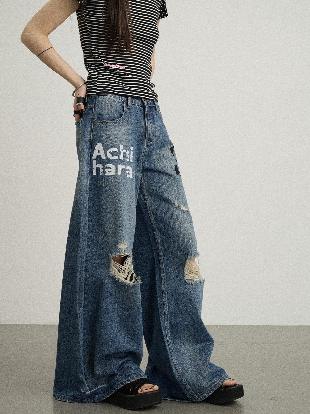 Achihara Floor Length Distressed Ripped High Waist Zipper Women'S Denim Wide-Leg Jeans