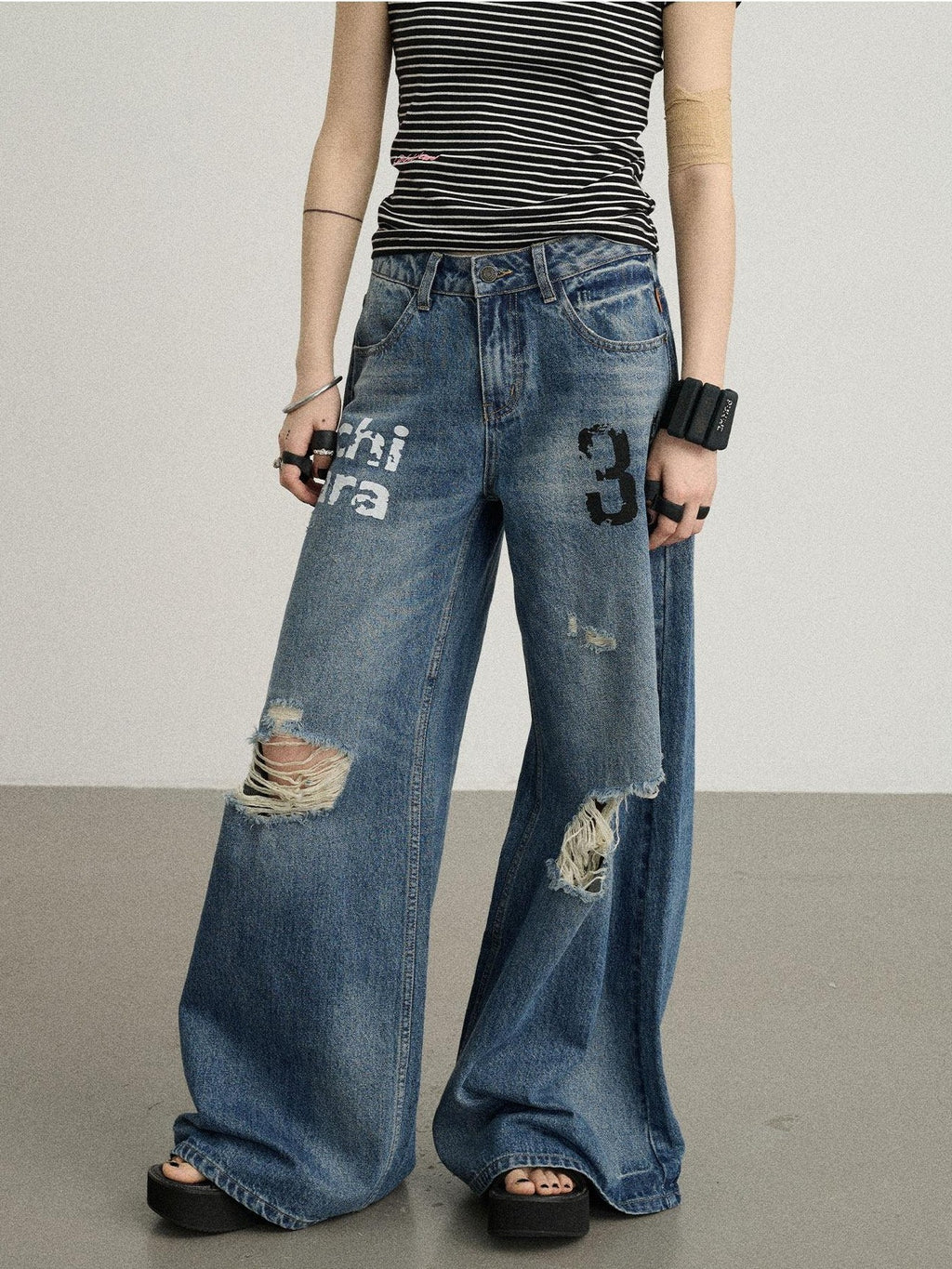 Achihara Floor Length Distressed Ripped High Waist Zipper Women'S Denim Wide-Leg Jeans