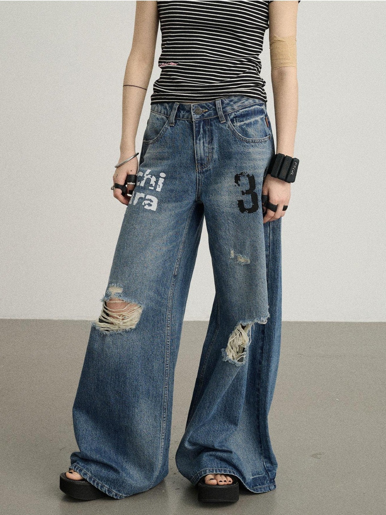 Achihara Floor Length Distressed Ripped High Waist Zipper Women'S Denim Wide-Leg Jeans