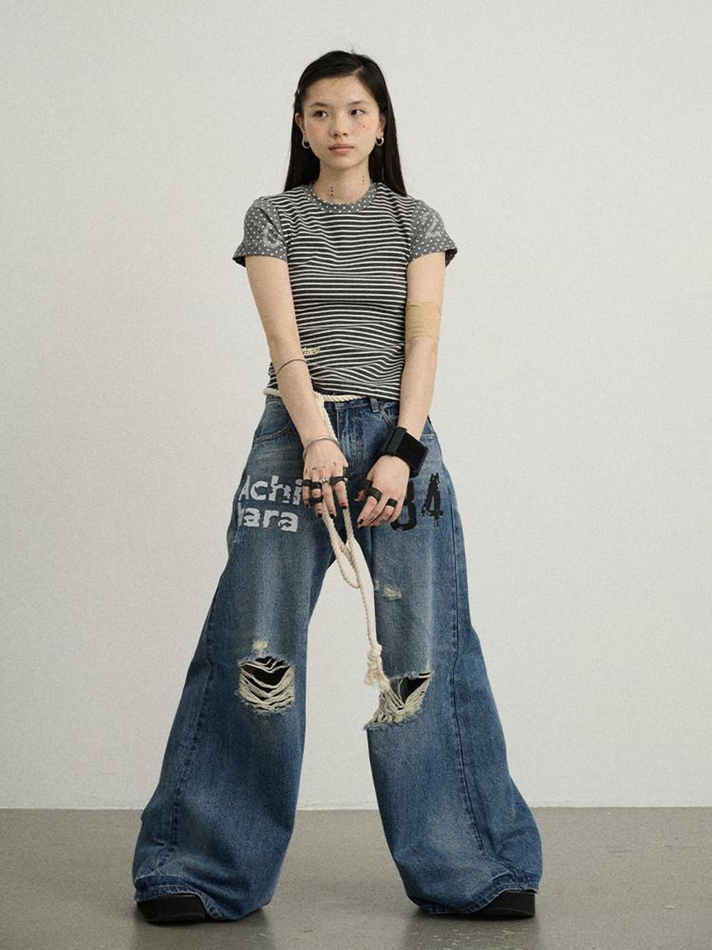 Achihara Floor Length Distressed Ripped High Waist Zipper Women'S Denim Wide-Leg Jeans