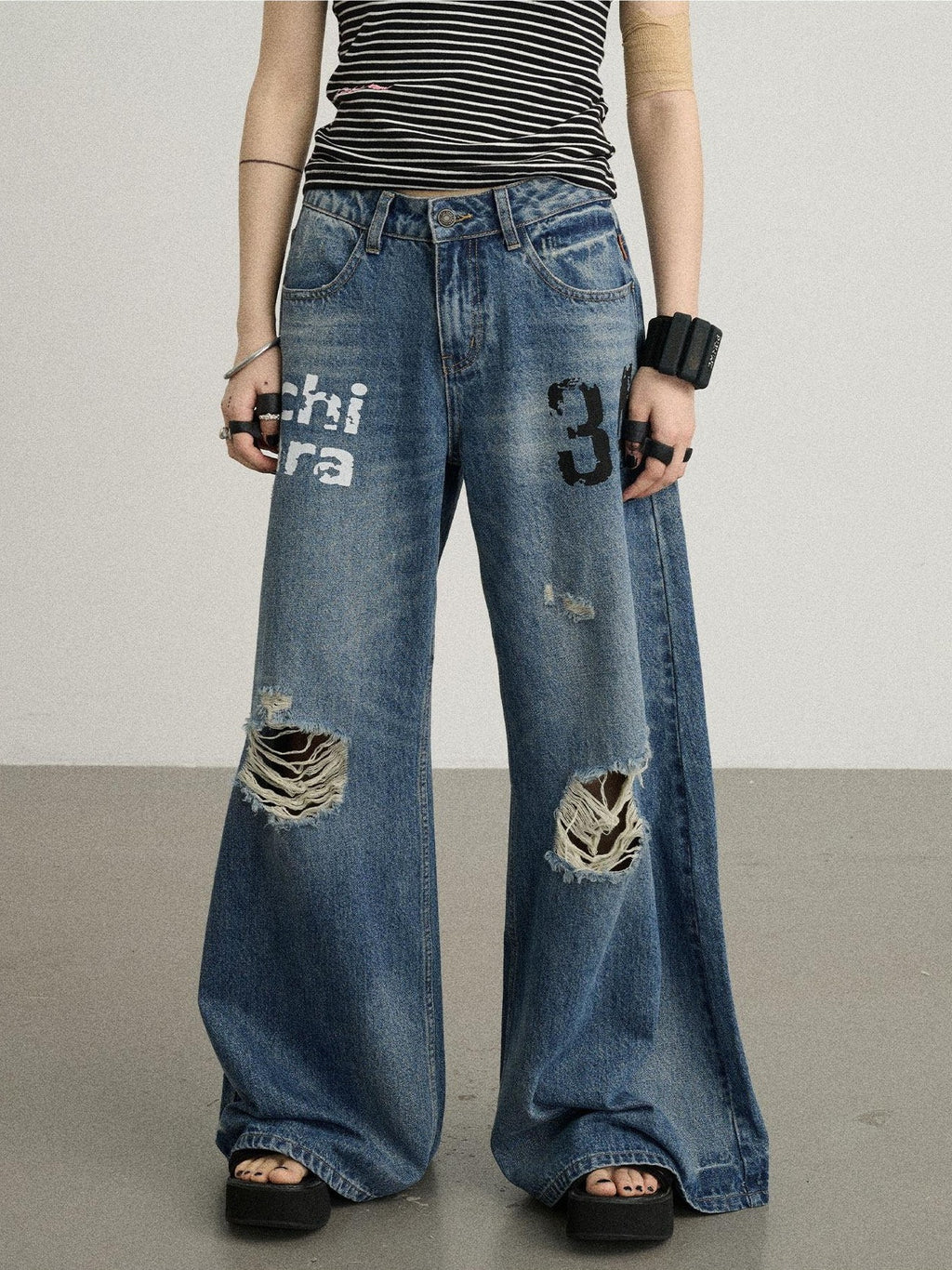 Achihara Floor Length Distressed Ripped High Waist Zipper Women'S Denim Wide-Leg Jeans