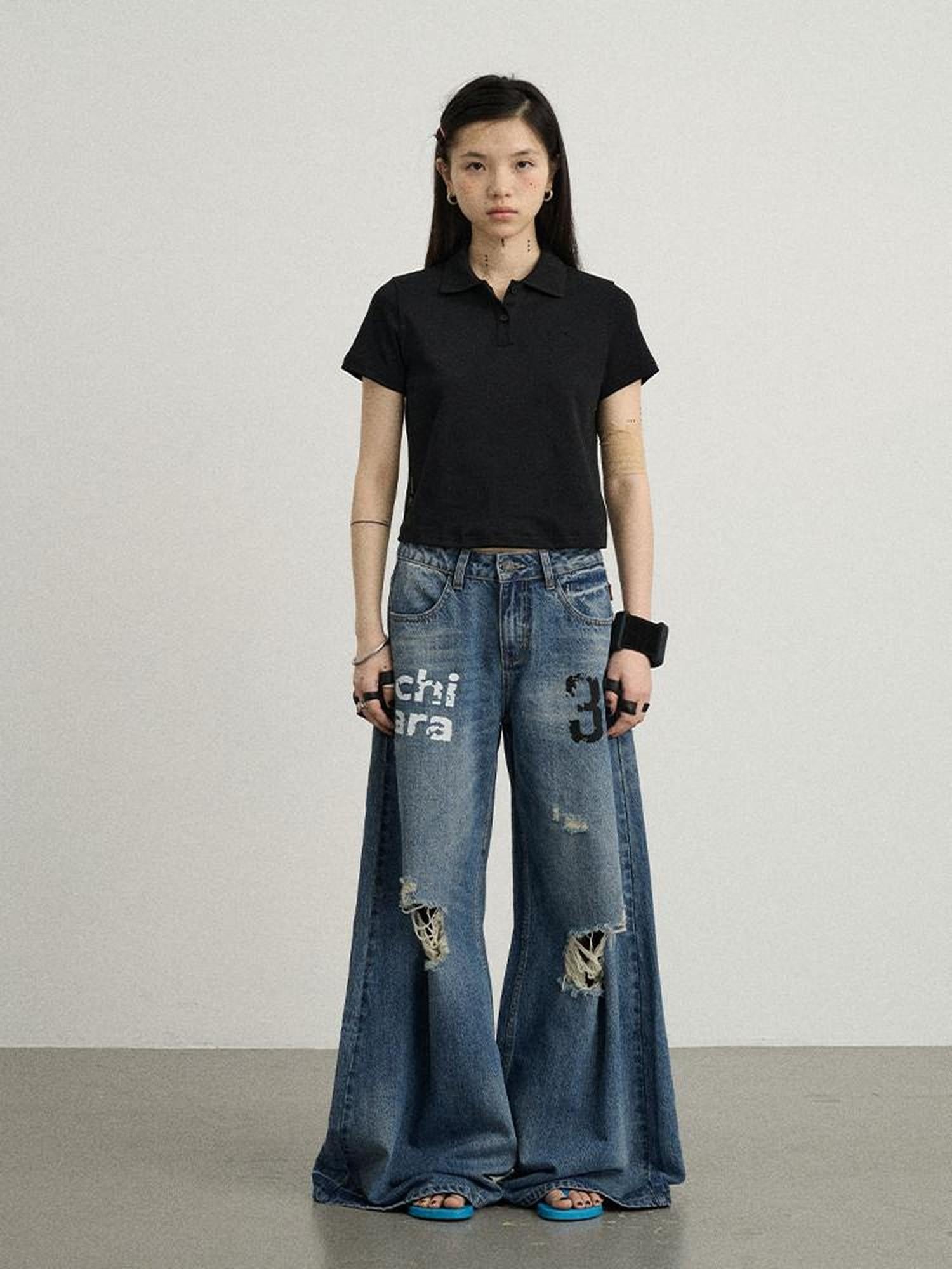Achihara Floor Length Distressed Ripped High Waist Zipper Women'S Denim Wide-Leg Jeans