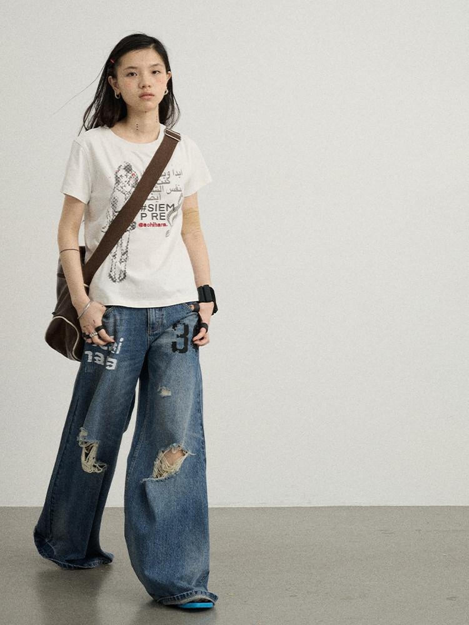 Achihara Floor Length Distressed Ripped High Waist Zipper Women'S Denim Wide-Leg Jeans