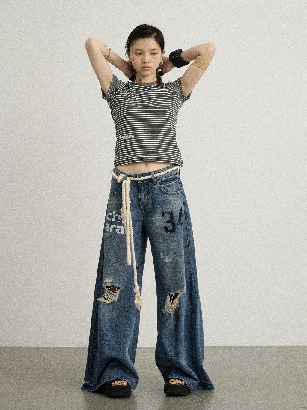 Achihara Floor Length Distressed Ripped High Waist Zipper Women'S Denim Wide-Leg Jeans