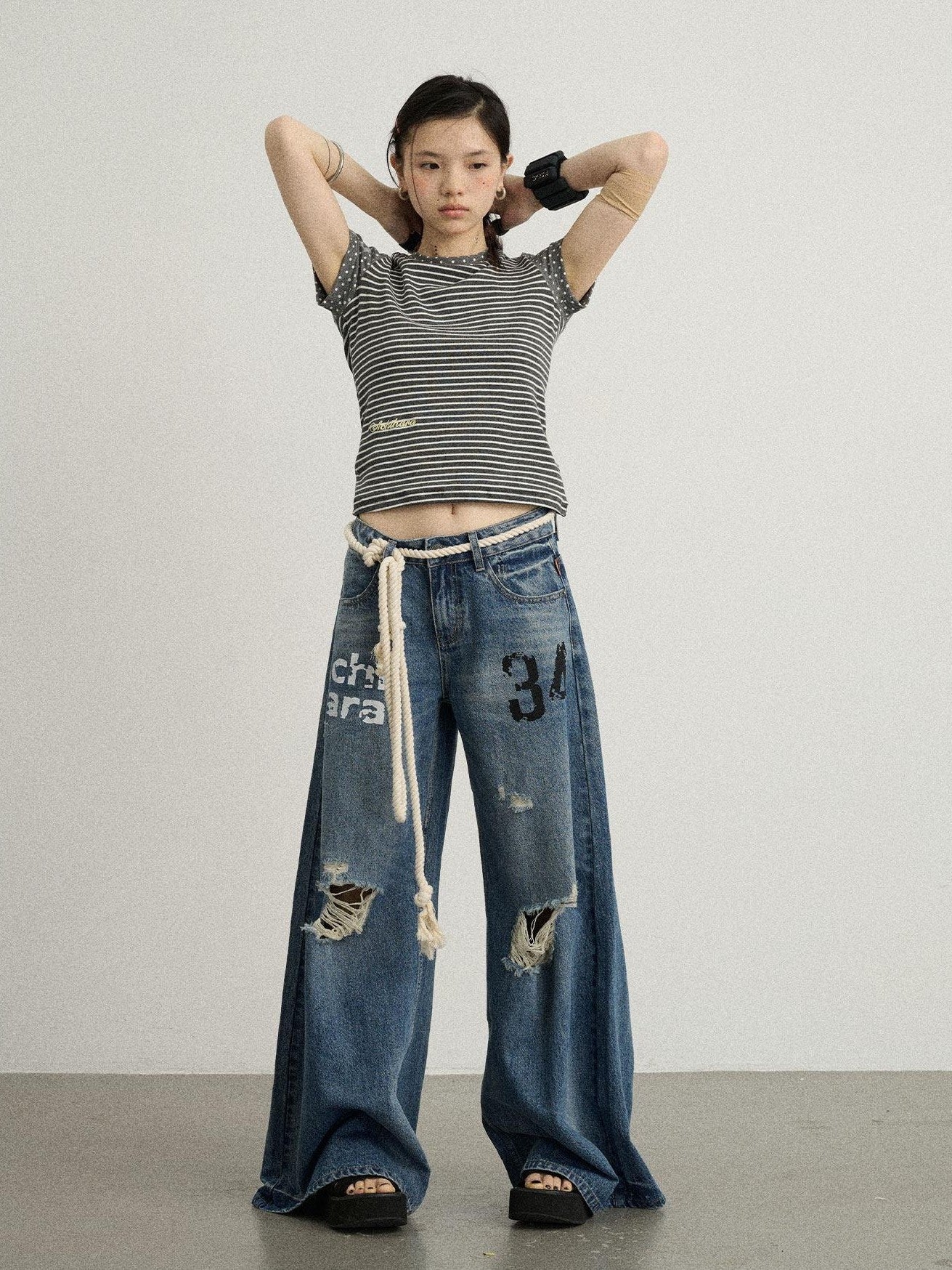 Achihara Floor Length Distressed Ripped High Waist Zipper Women'S Denim Wide-Leg Jeans