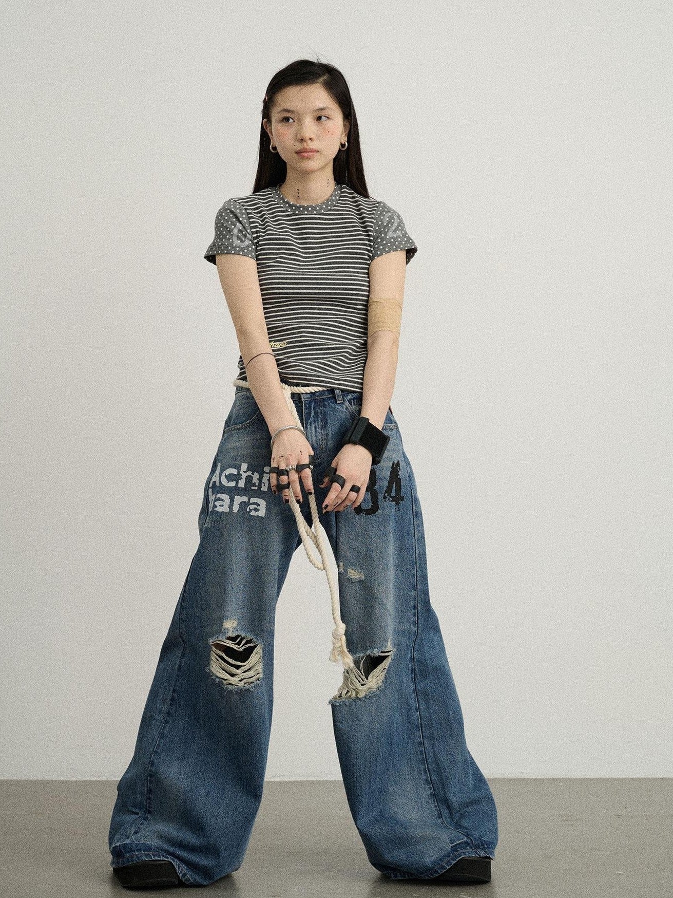 Achihara Floor Length Distressed Ripped High Waist Zipper Women'S Denim Wide-Leg Jeans