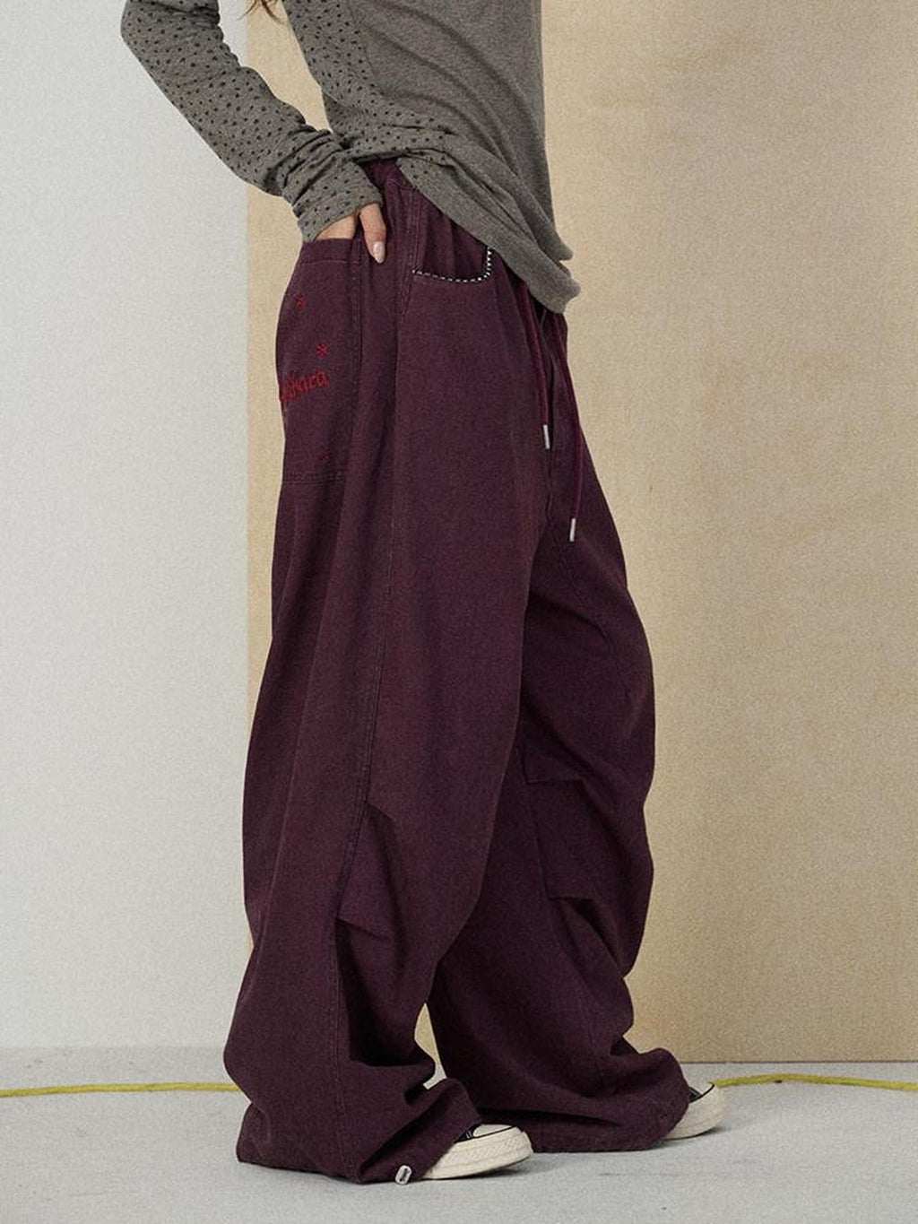 Achihara Floor Length Utility Letter Print Mid Rise Women'S Cotton Wide-Leg Pants
