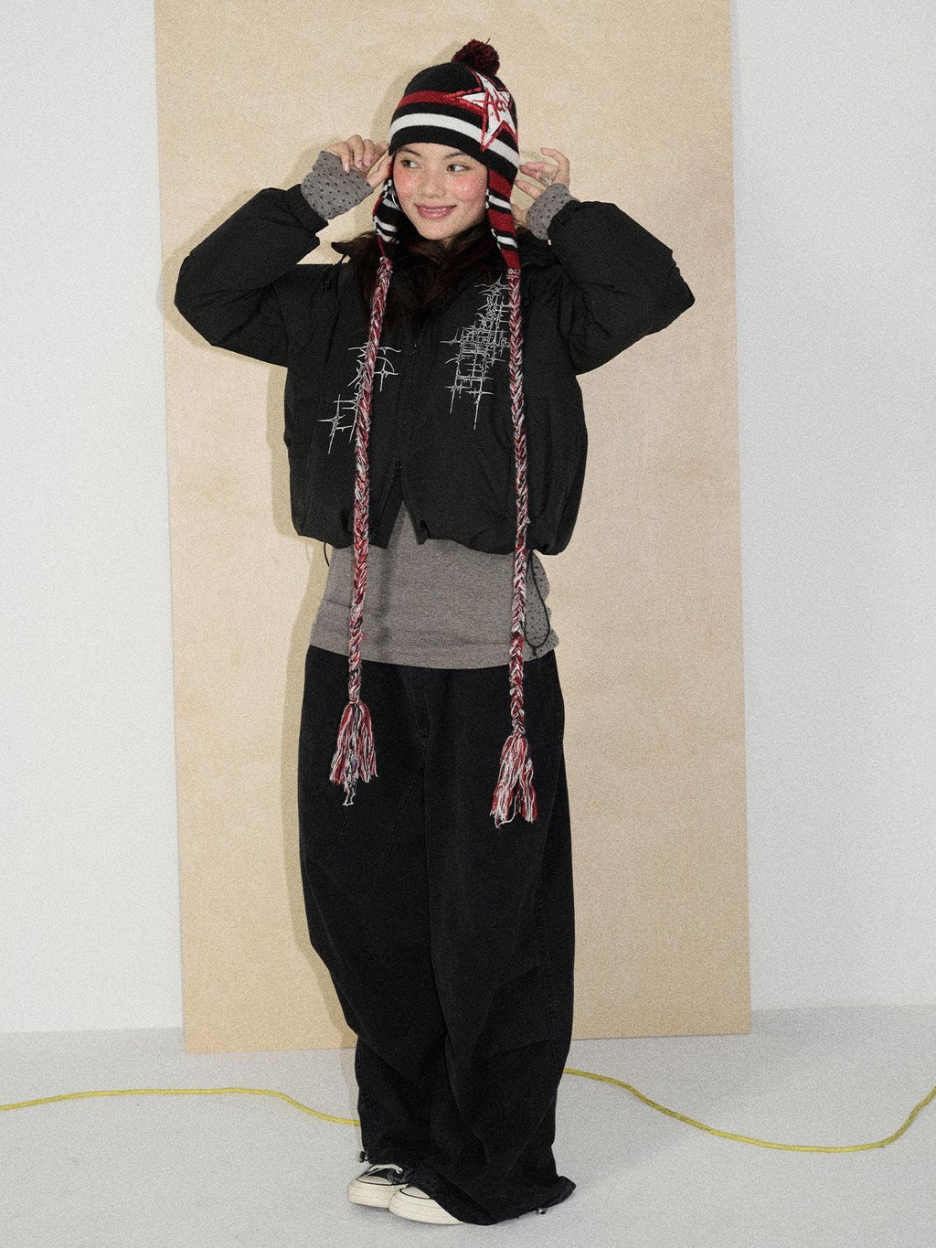 Achihara Floor Length Utility Letter Print Mid Rise Women'S Cotton Wide-Leg Pants