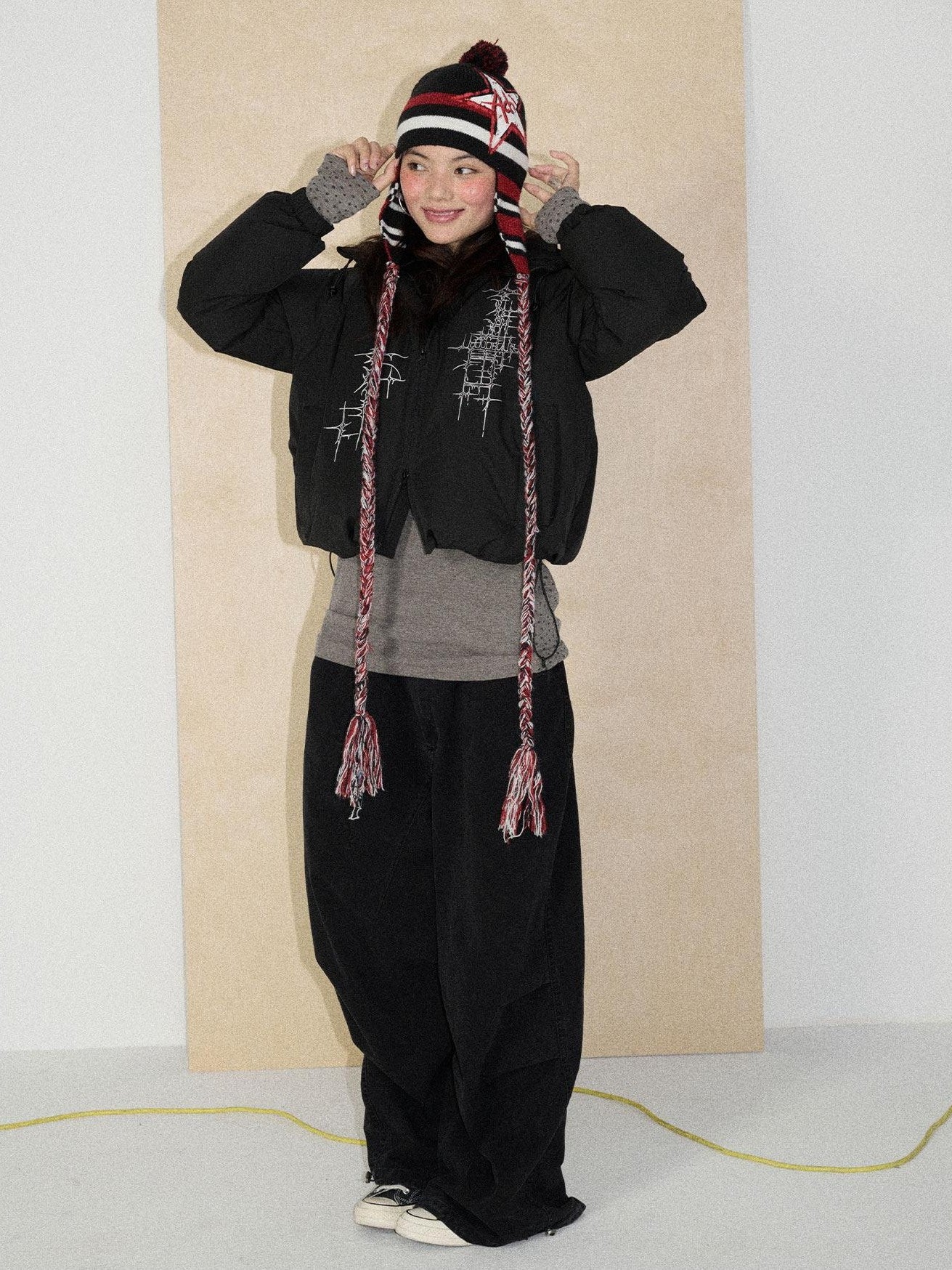 Achihara Floor Length Utility Letter Print Mid Rise Women'S Cotton Wide-Leg Pants
