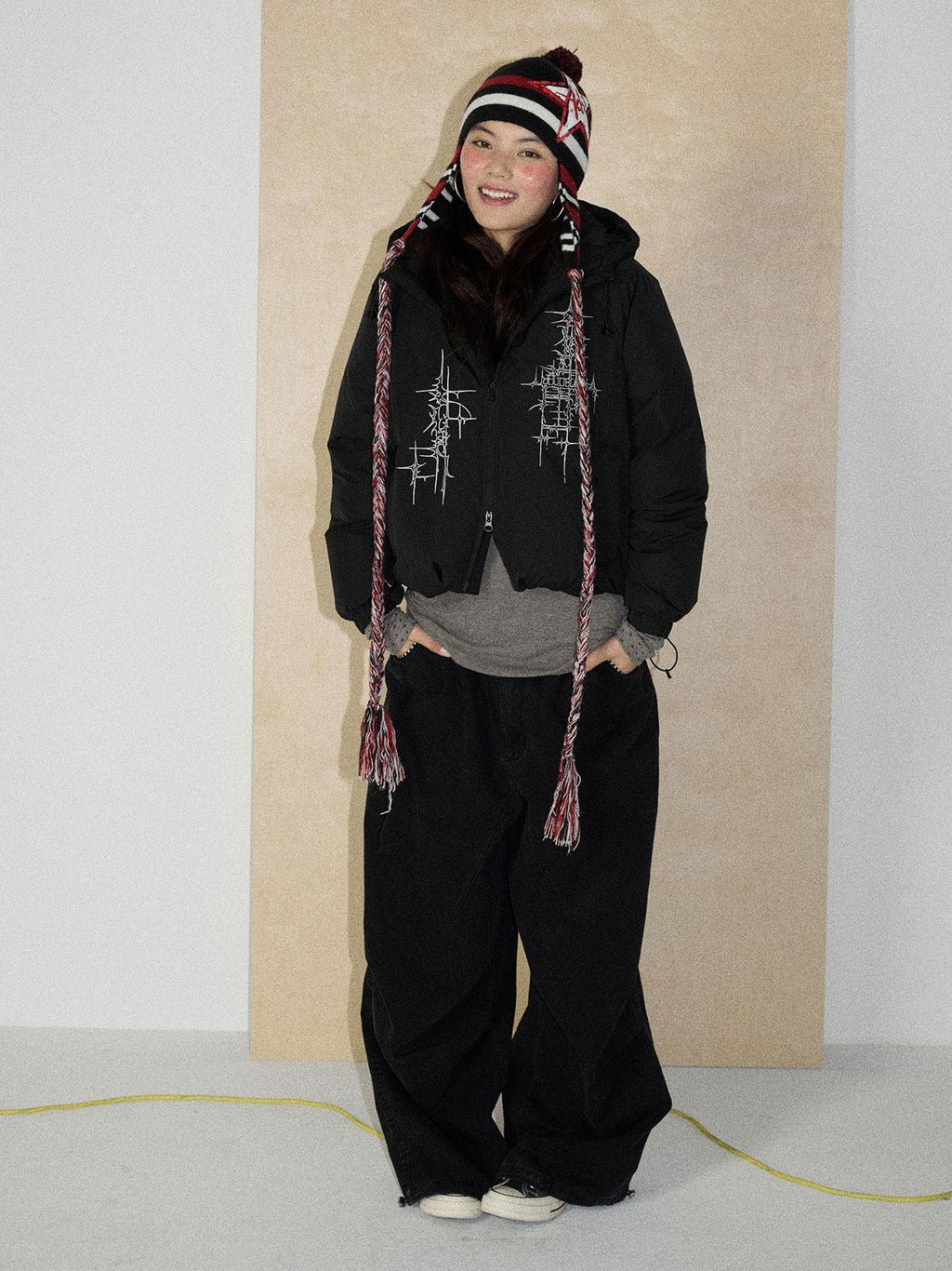 Achihara Floor Length Utility Letter Print Mid Rise Women'S Cotton Wide-Leg Pants