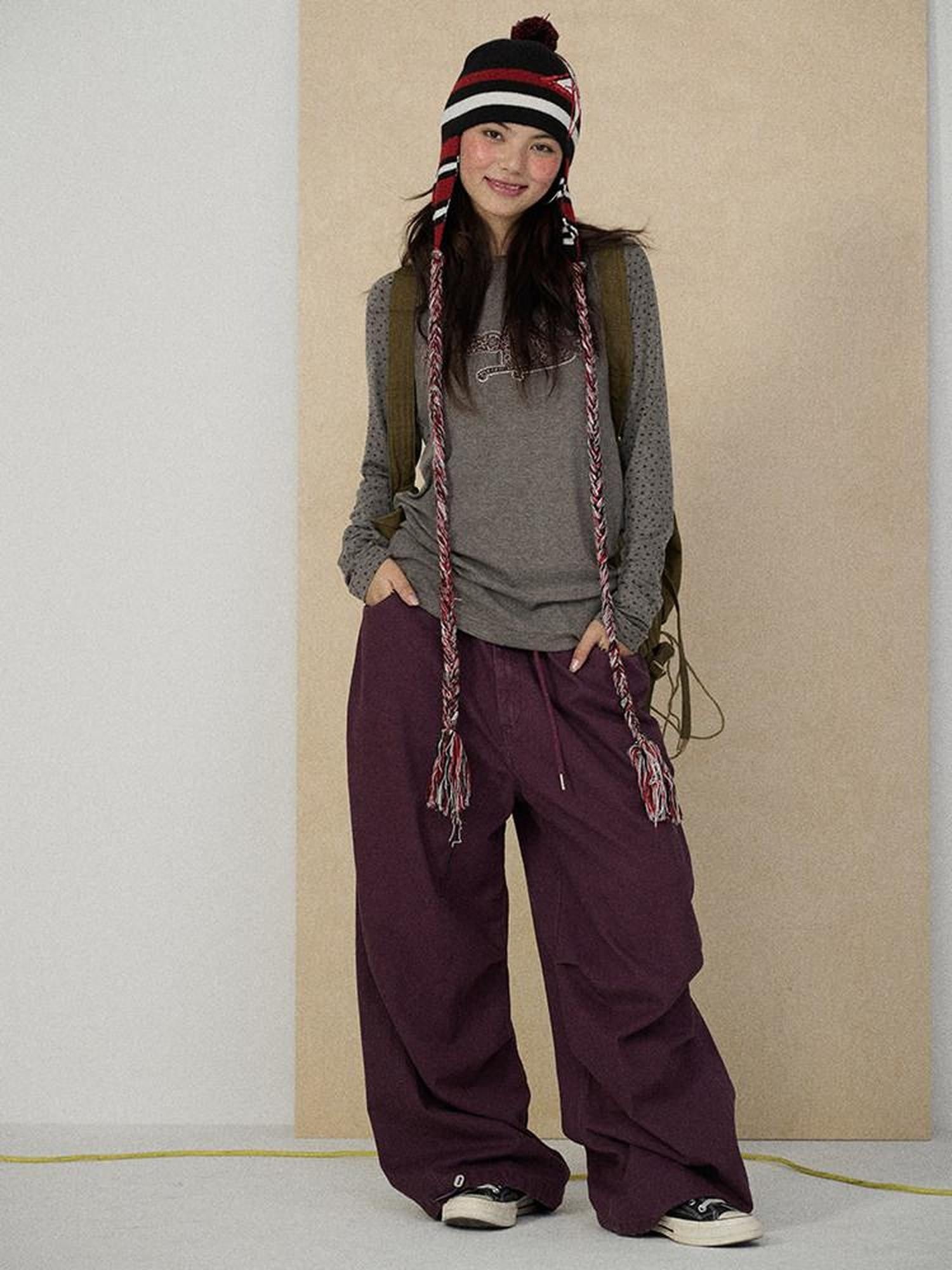 Achihara Floor Length Utility Letter Print Mid Rise Women'S Cotton Wide-Leg Pants