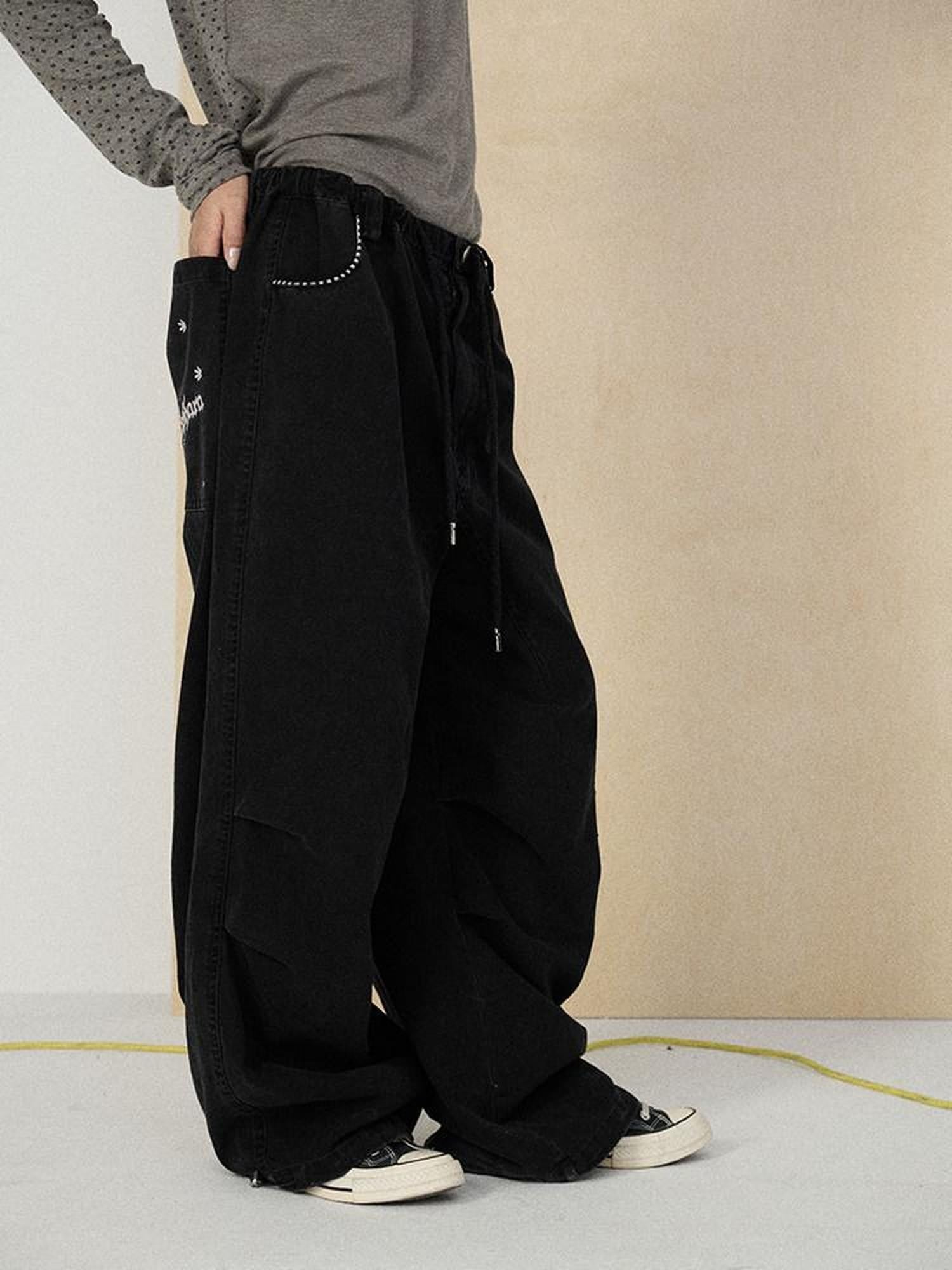 Achihara Floor Length Utility Letter Print Mid Rise Women'S Cotton Wide-Leg Pants