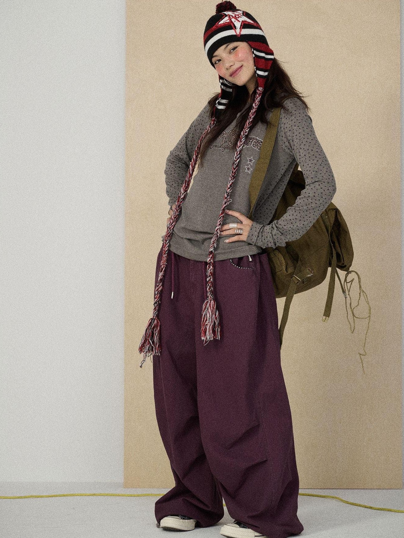 Achihara Floor Length Utility Letter Print Mid Rise Women'S Cotton Wide-Leg Pants