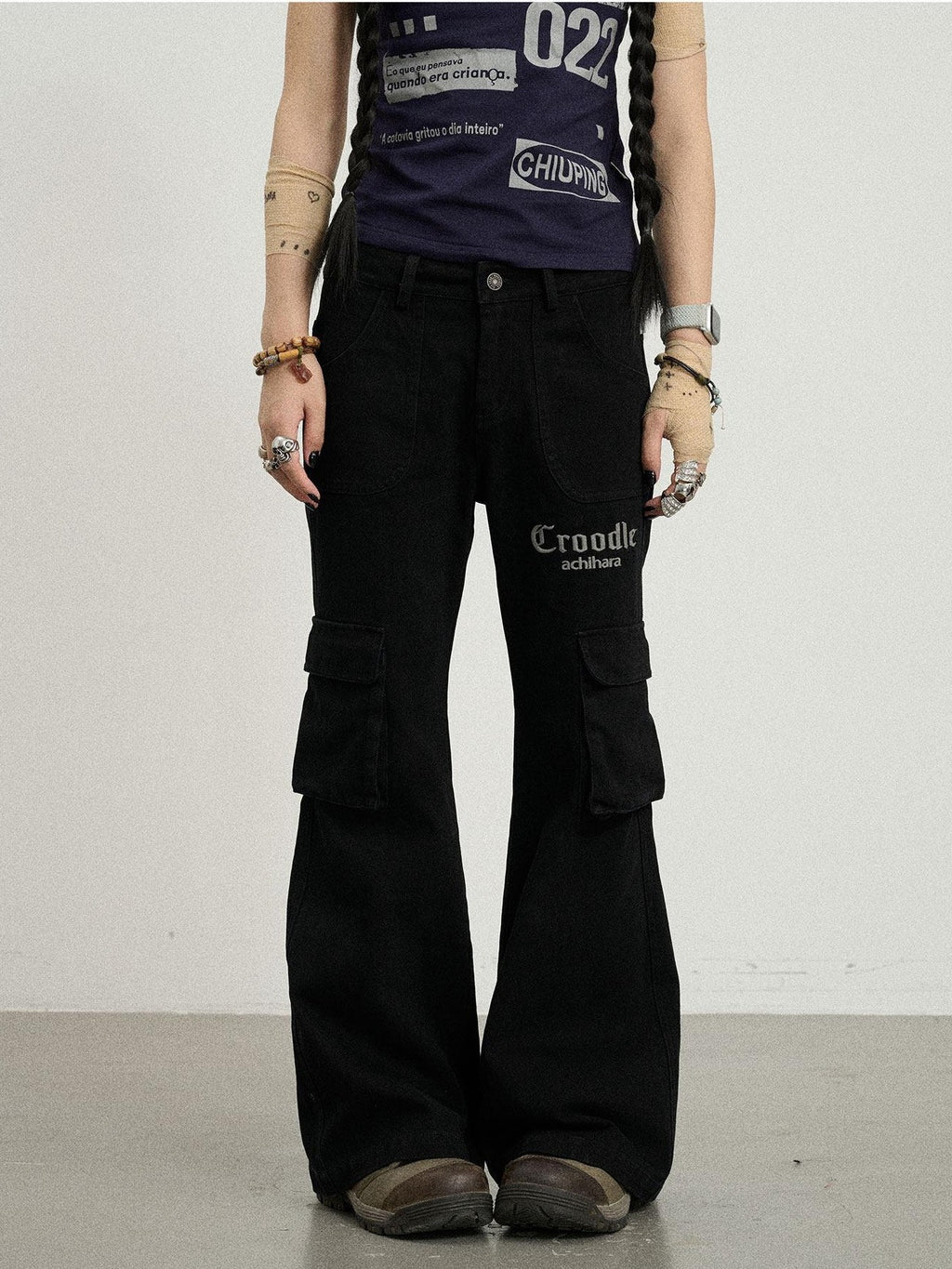 Achihara Floor Sweeping Wide Leg Pockets Zip Fly Women'S 100 Percent Cotton Cargo Pants