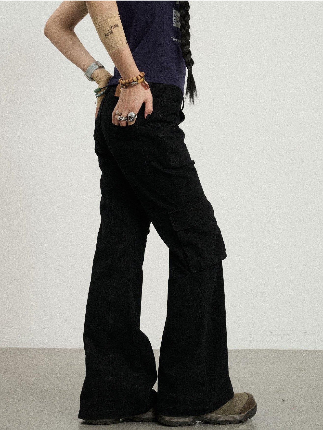 Achihara Floor Sweeping Wide Leg Pockets Zip Fly Women'S 100 Percent Cotton Cargo Pants