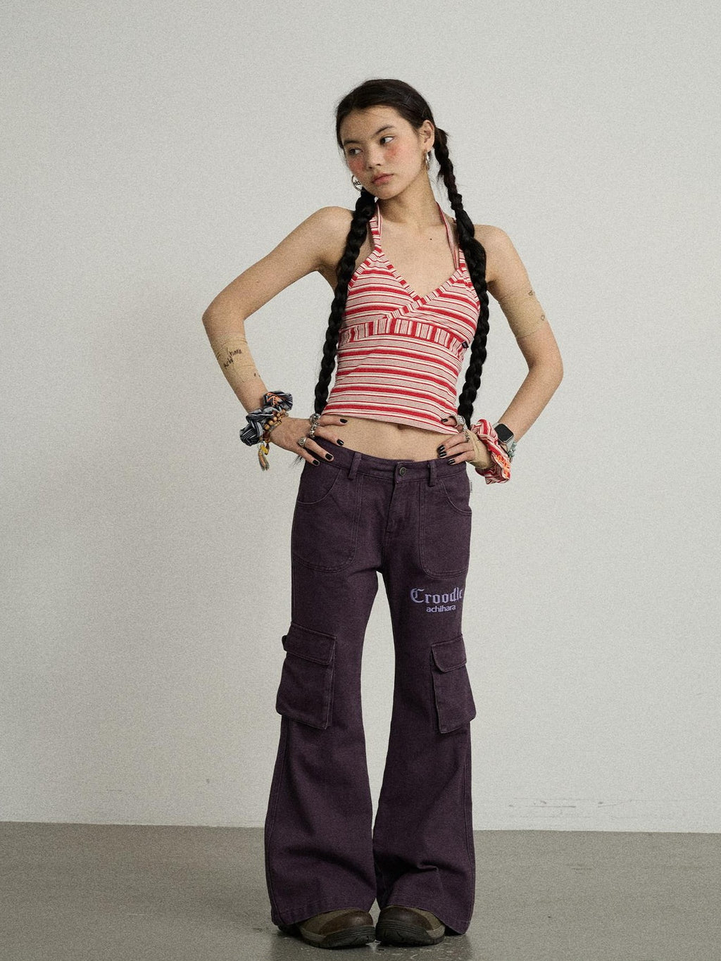 Achihara Floor Sweeping Wide Leg Pockets Zip Fly Women'S 100 Percent Cotton Cargo Pants